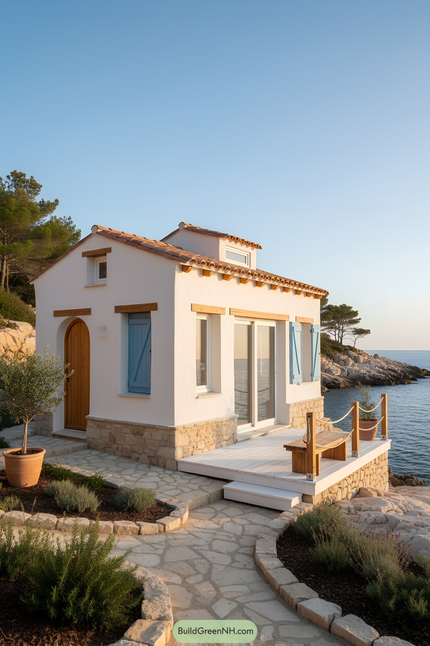 Small whitewashed cottage with blue shutters and terracotta roof by the sea