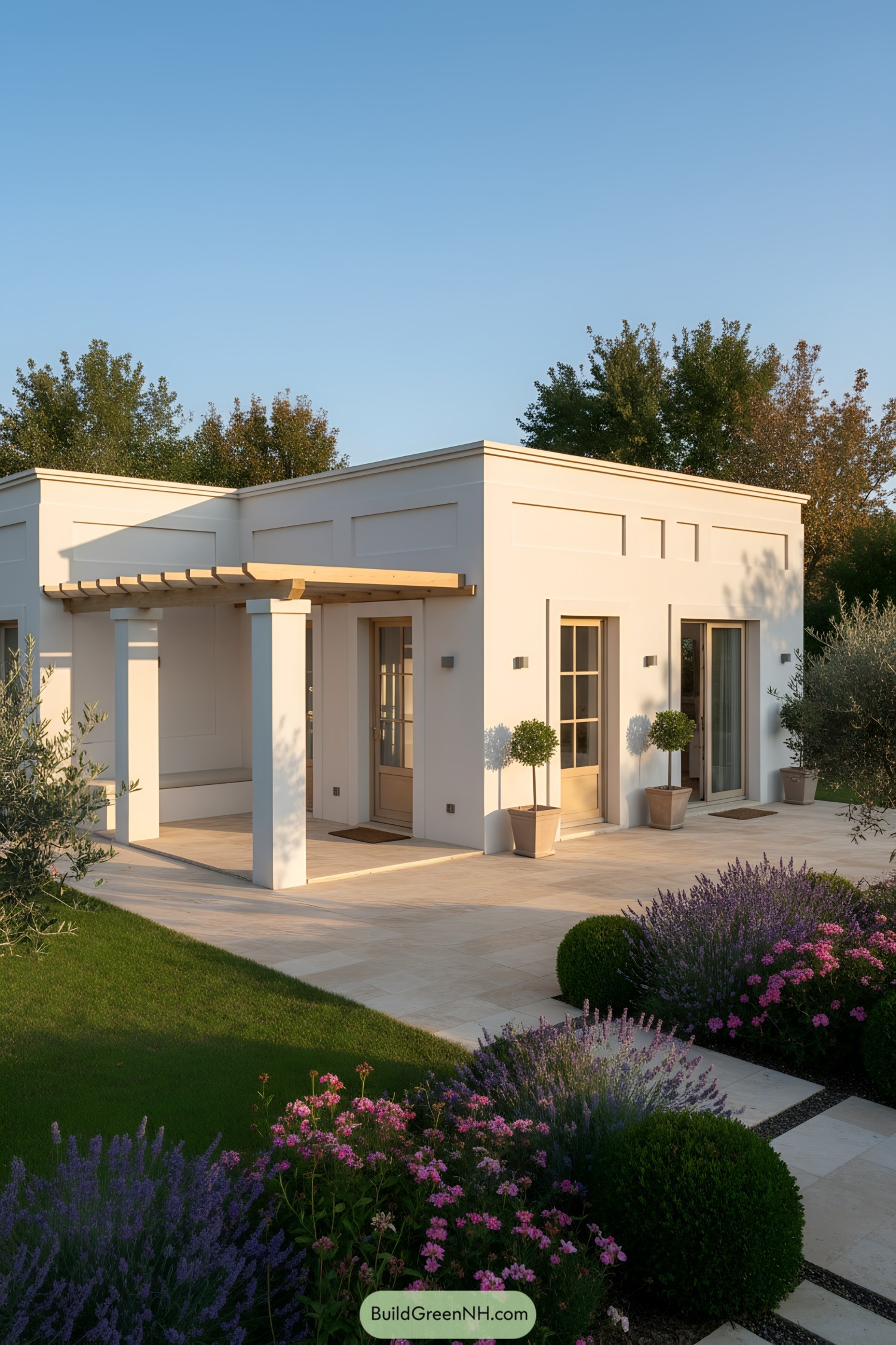 White stucco tiny house with wood pergola and lush Mediterranean landscaping