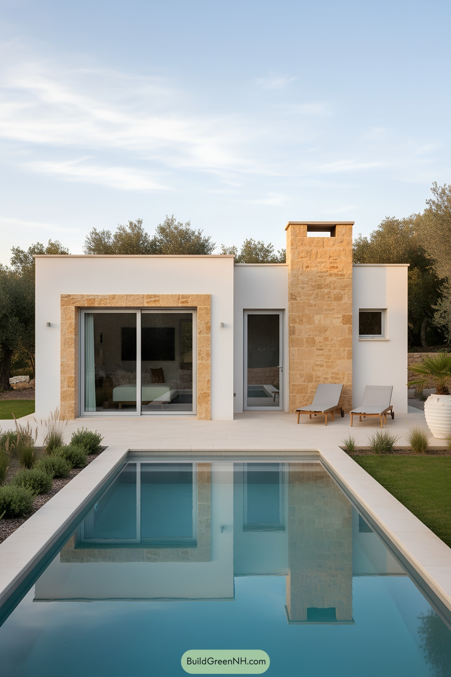 White cubic tiny house with sandstone trim and a pool