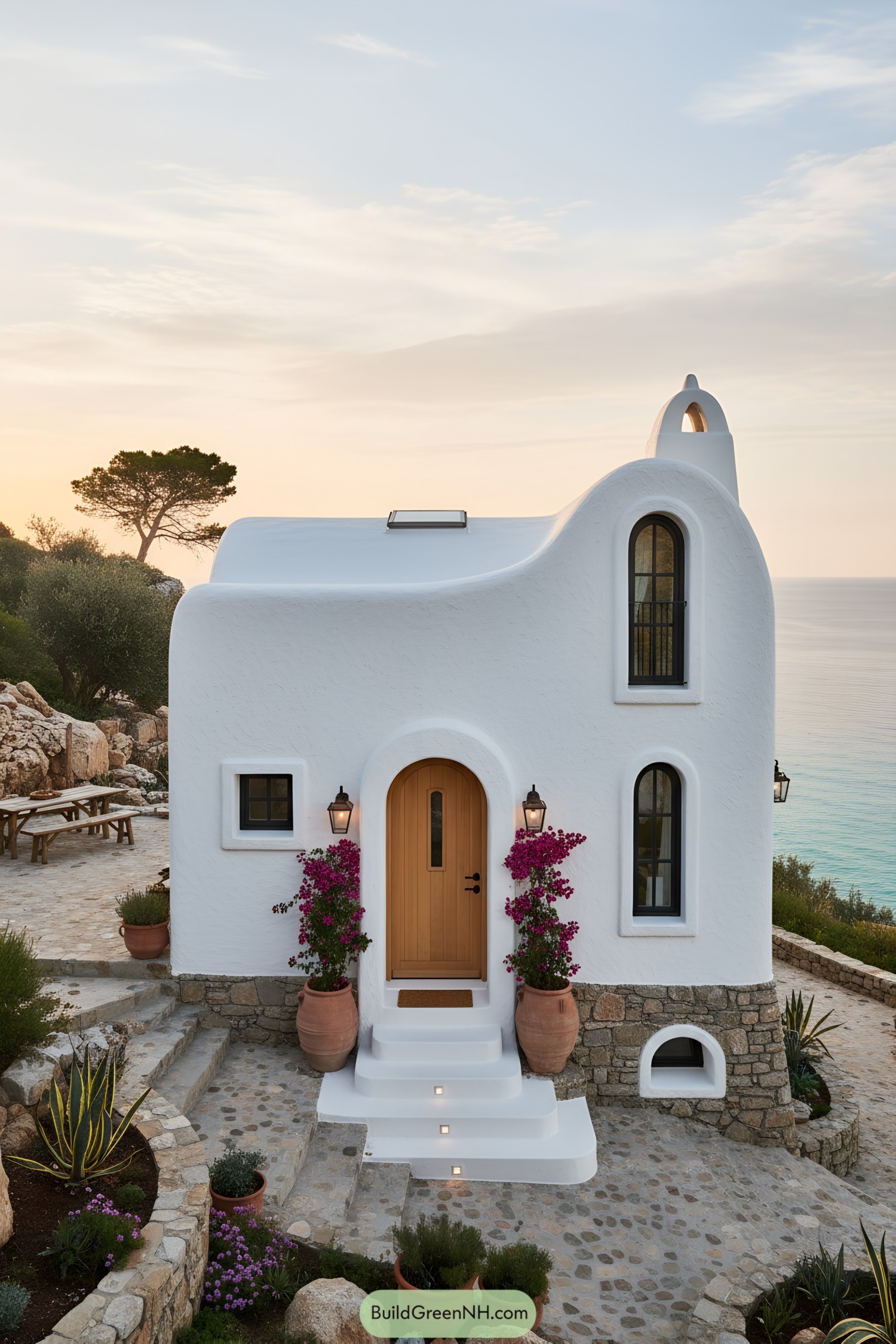 White stucco tiny house with curved roof, arched openings, and bougainvillea by the sea
