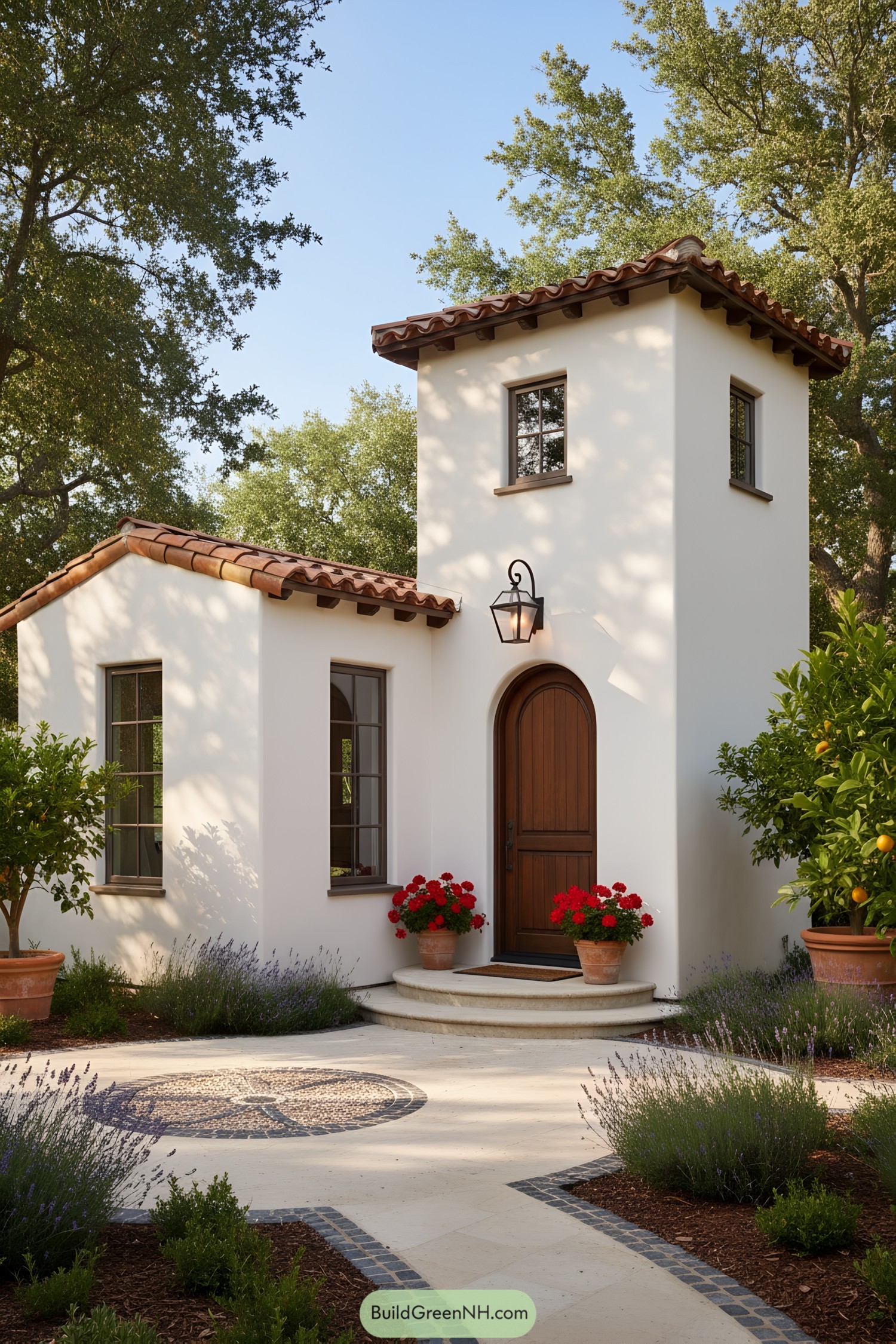 White stucco tiny house with terracotta roof, arched wood door, and landscaped courtyard with mosaics