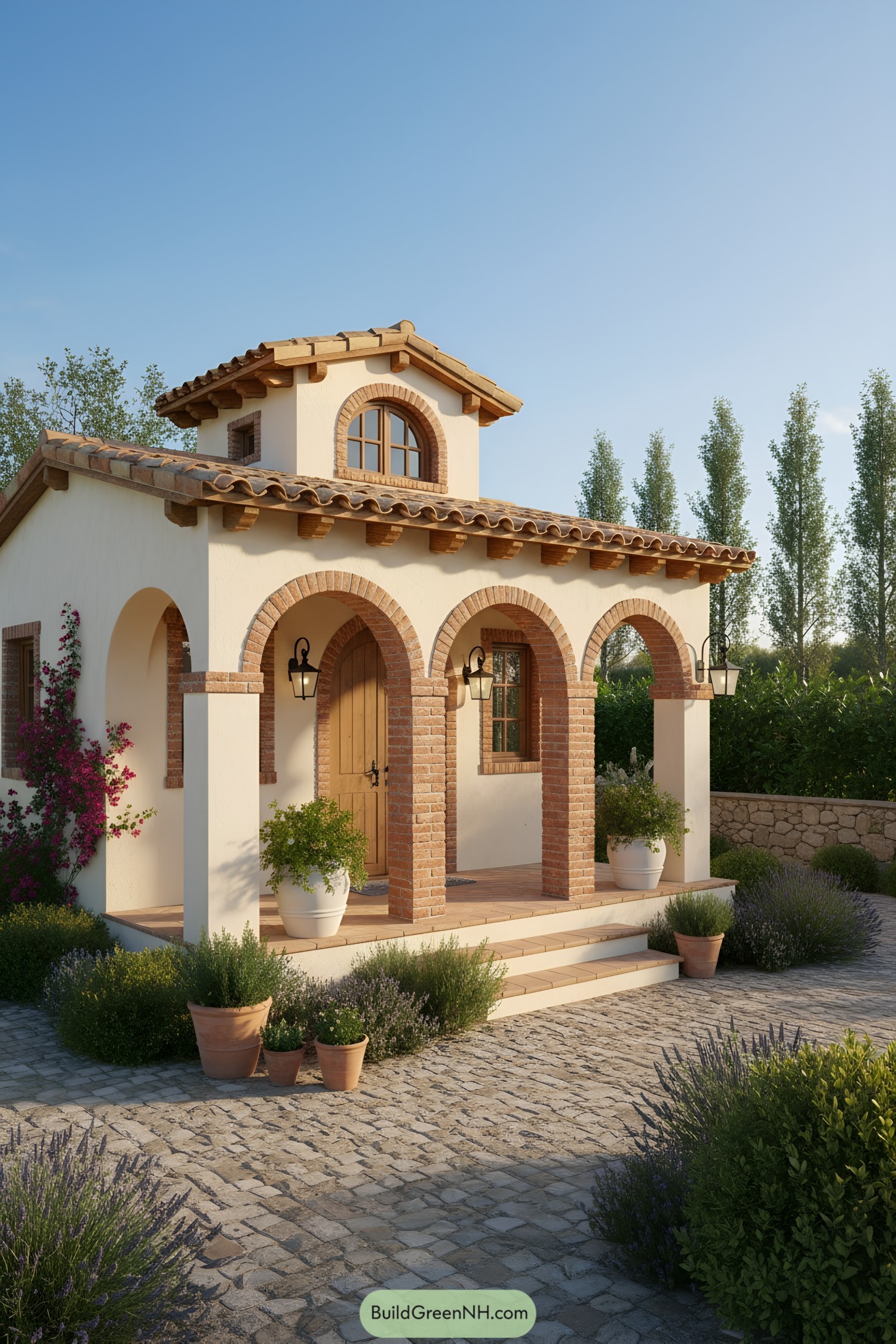 Tiny Mediterranean cottage with brick arches, clay tile roof, and arched dormer