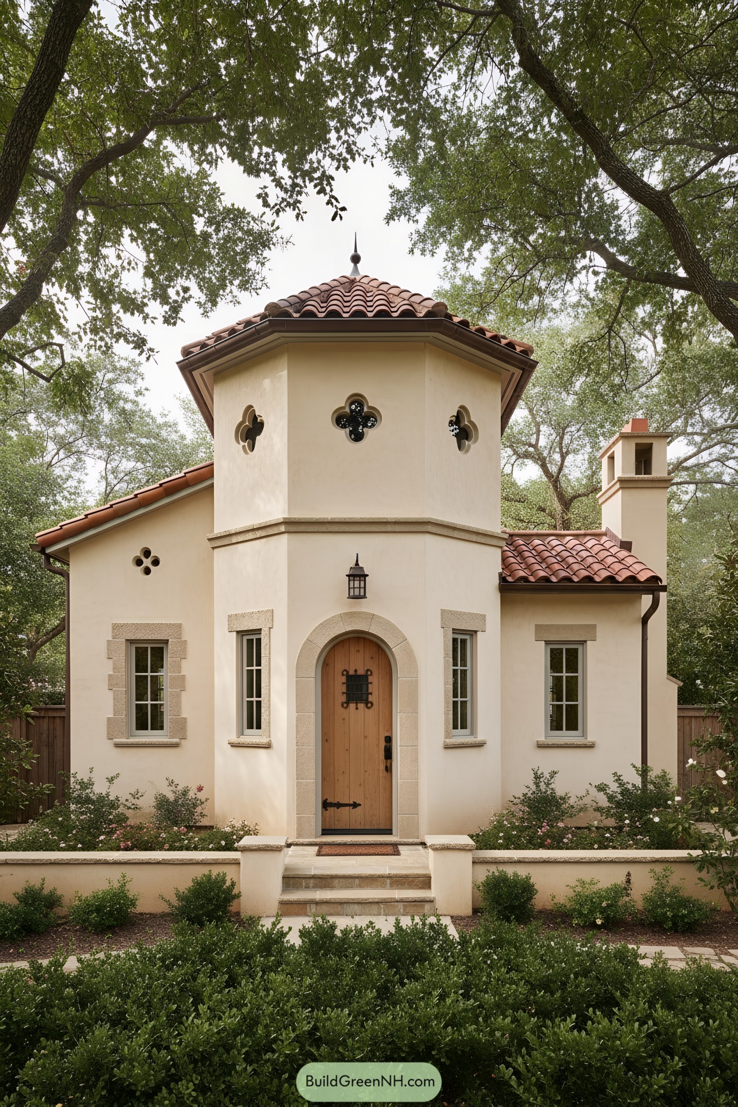 Small stucco cottage with octagonal tower, clay tiles, and arched wood door