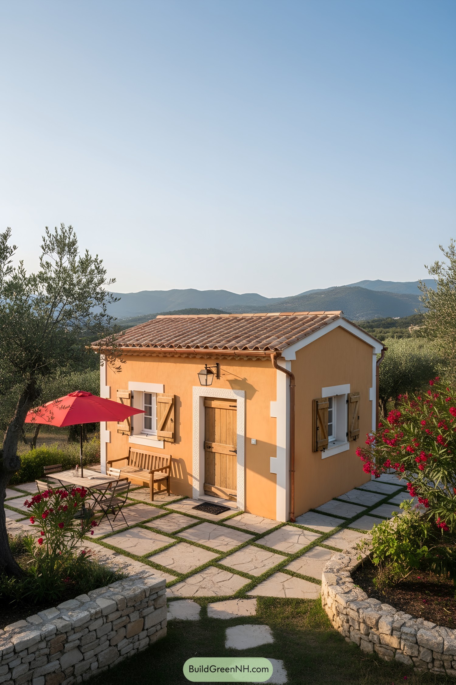 Tiny apricot stucco cottage with terracotta roof and rustic shutters, set in a stone-paved garden with red umbrella seating