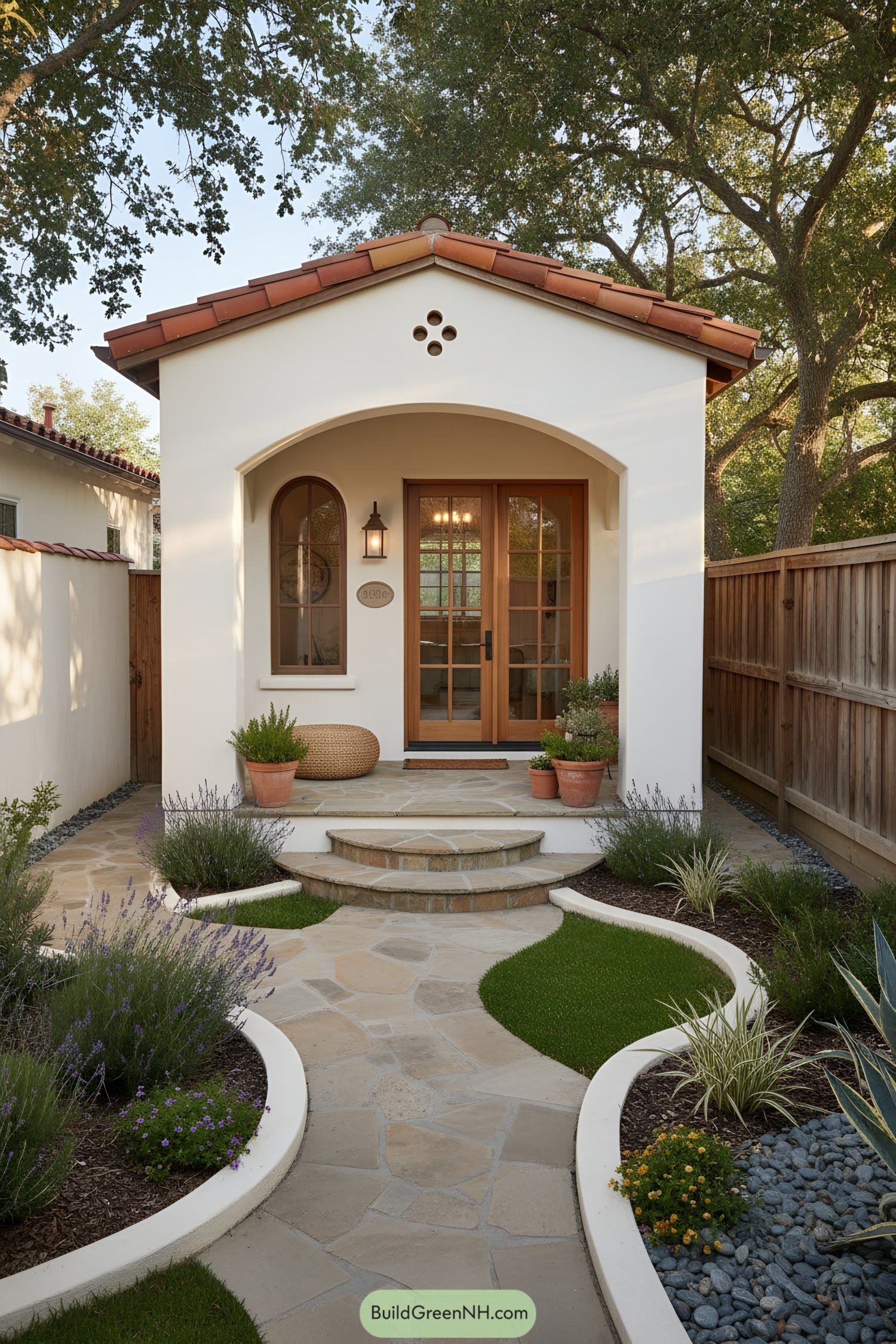 Small white stucco casita with arched porch, wood doors, and terracotta roof