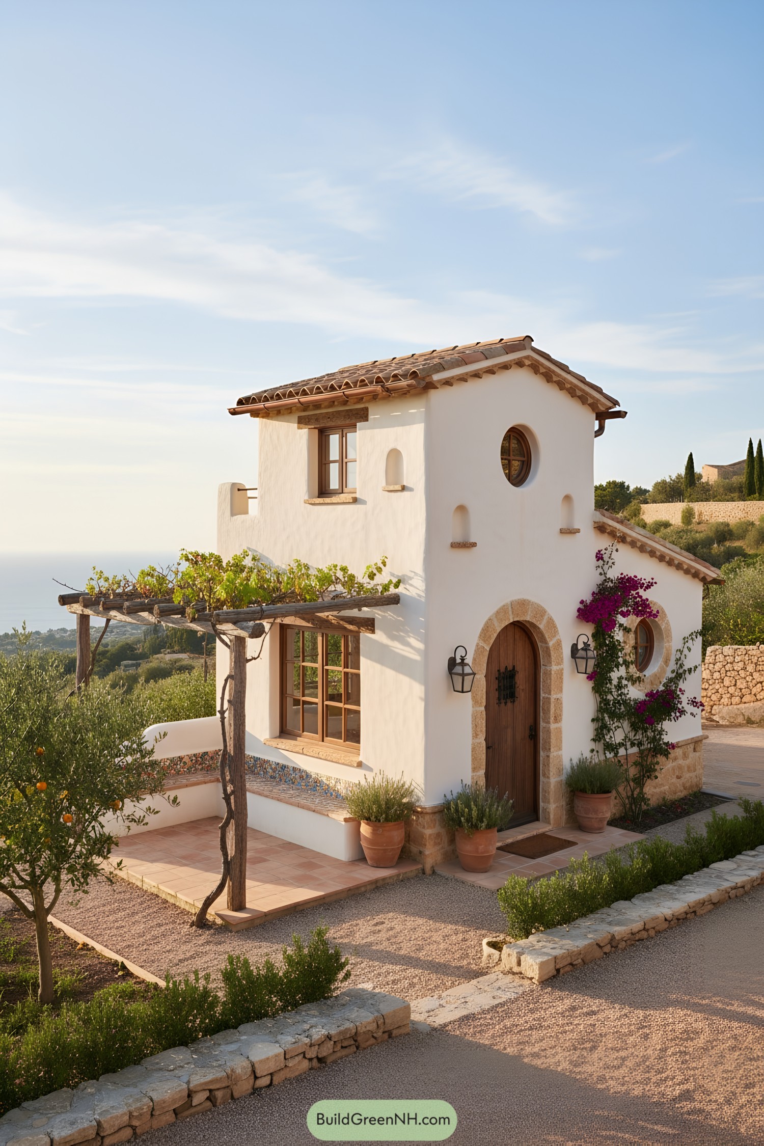 Whitewashed tiny house with arched door, vine pergola, and terracotta roof tiles