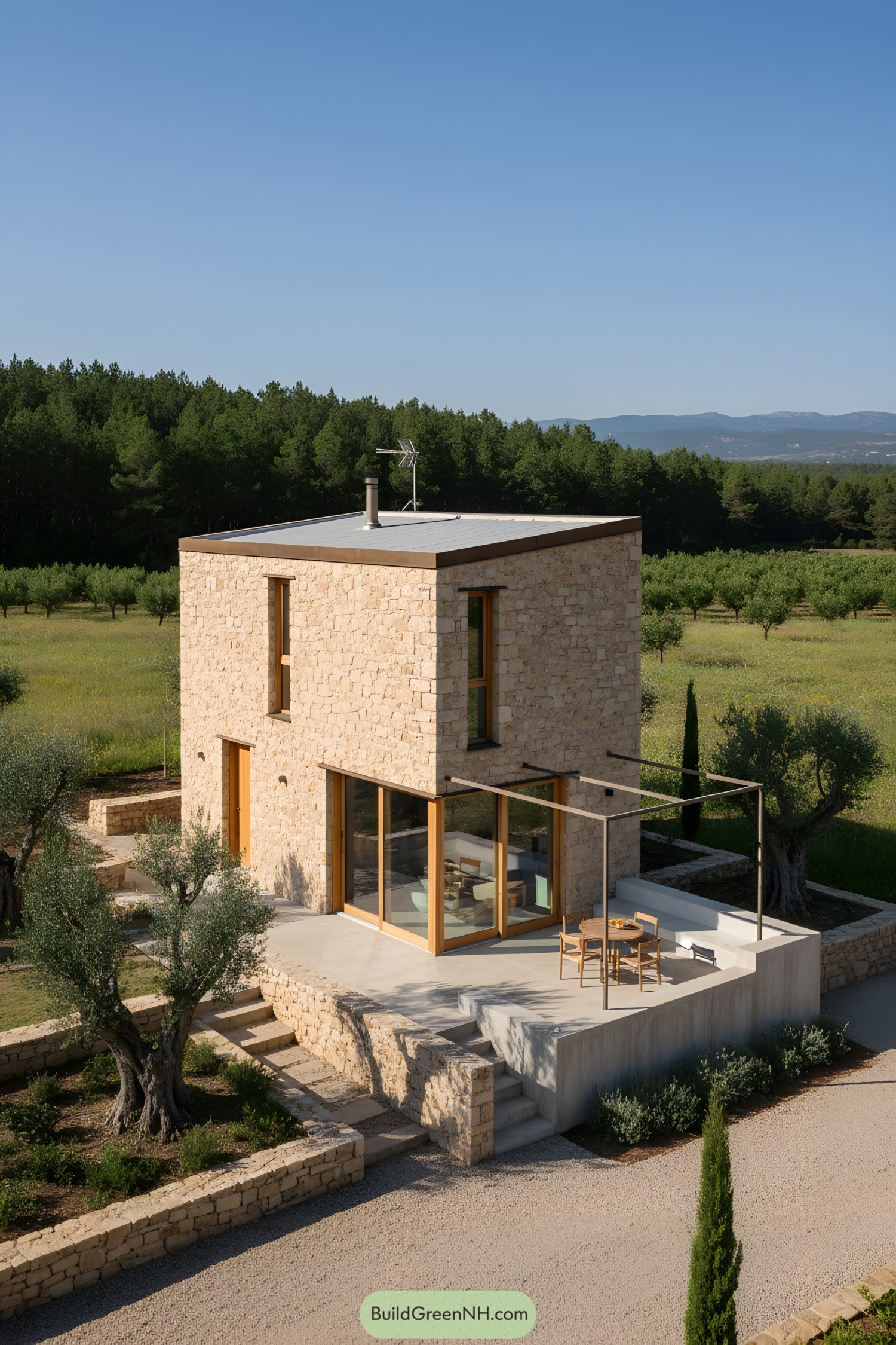Two-story stone tiny house with large glass corner, wood frames, and a sunlit terrace amid olive trees