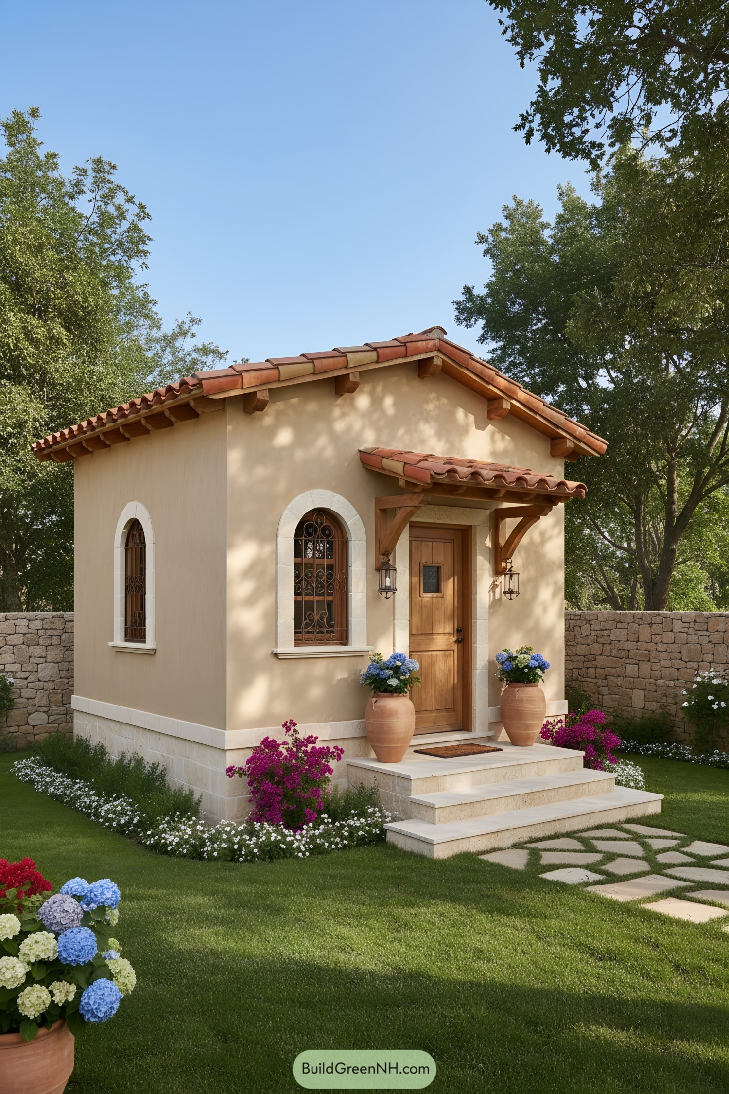 Tiny stucco cottage with terracotta roof, arched windows, and stone steps