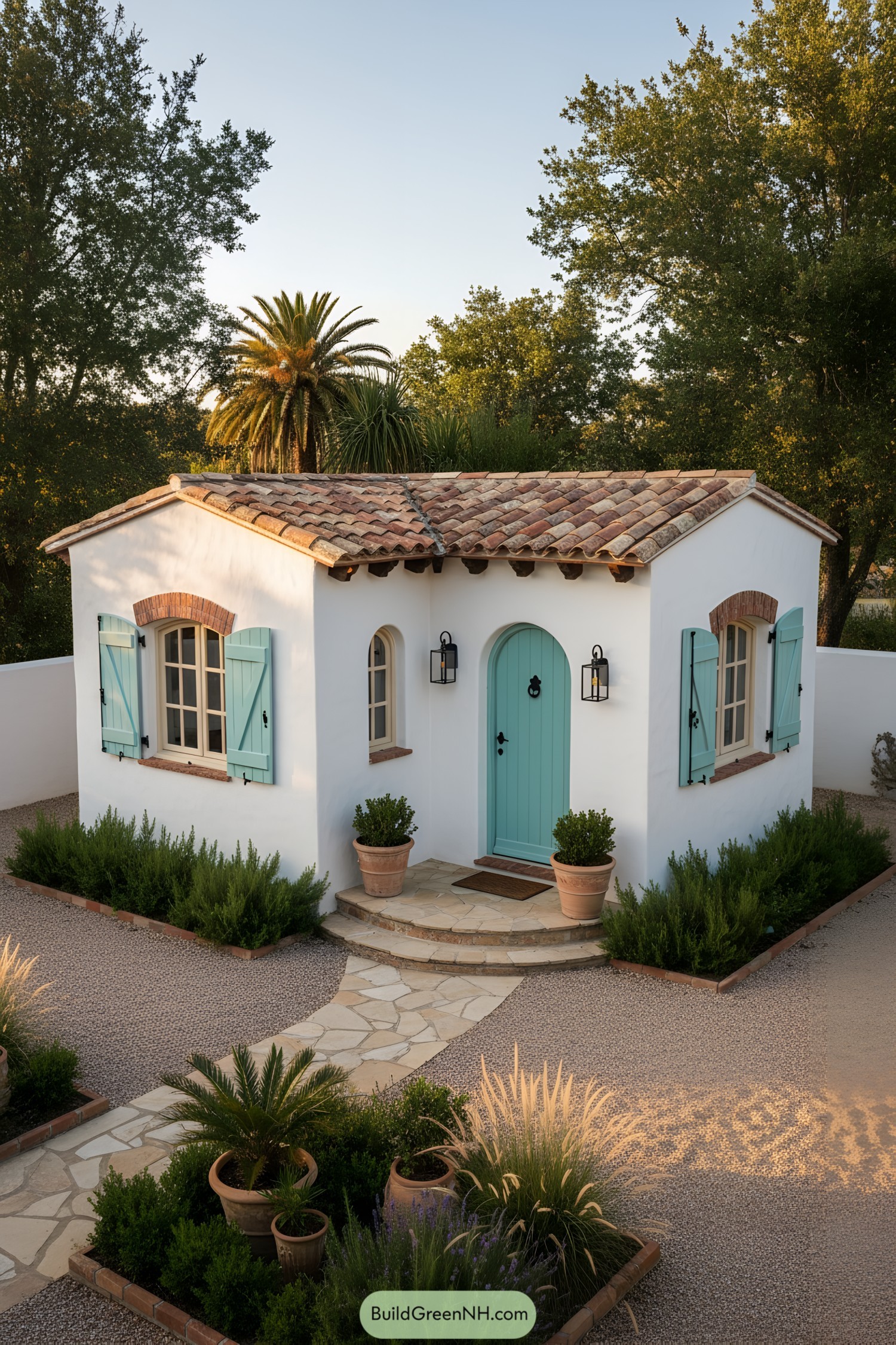 White stucco tiny house with teal door, aqua shutters, and terracotta tile roof