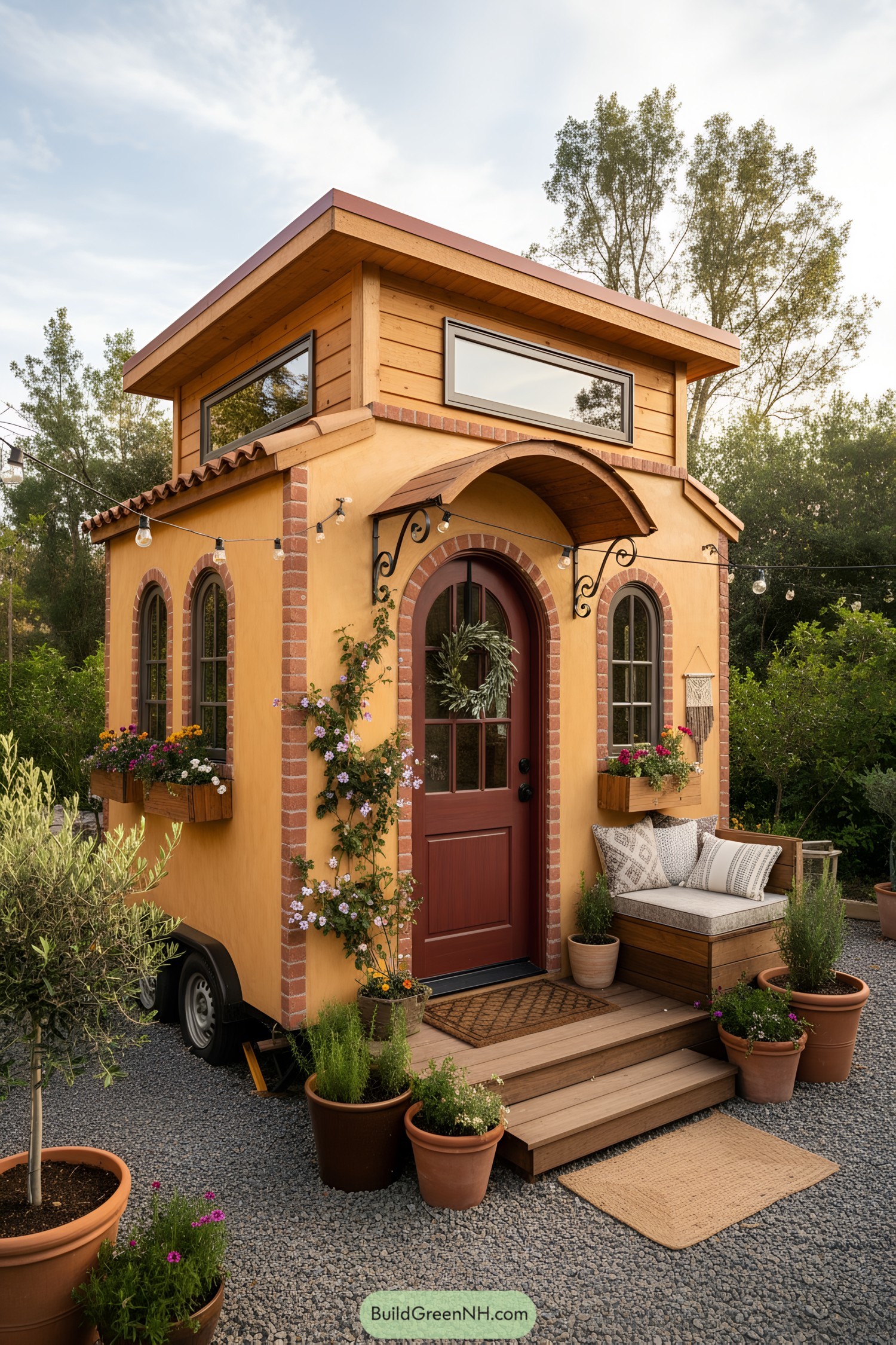 Tiny stucco tiny house with arched door, flower boxes, and wood-clad loft