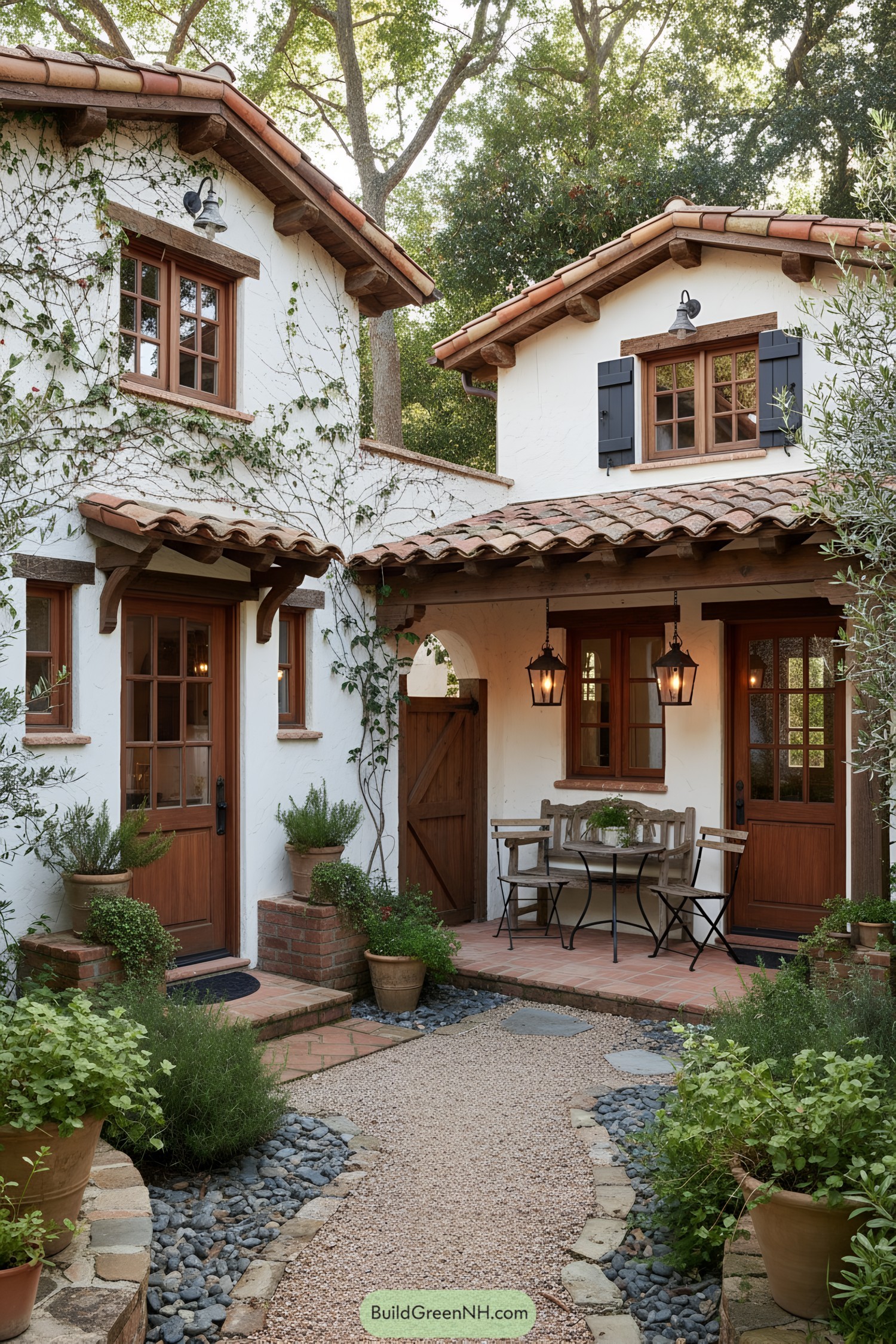 Small Mediterranean cottage courtyard with terracotta roof, white stucco, wood doors, and hanging lanterns