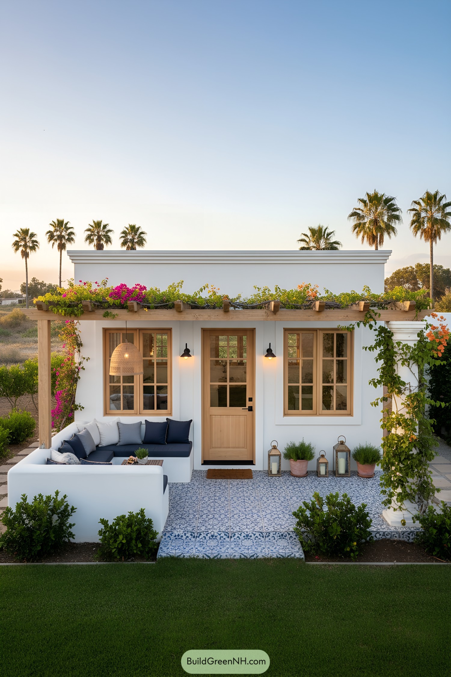 White tiny house with pergola, blue-tile patio, and built-in lounge