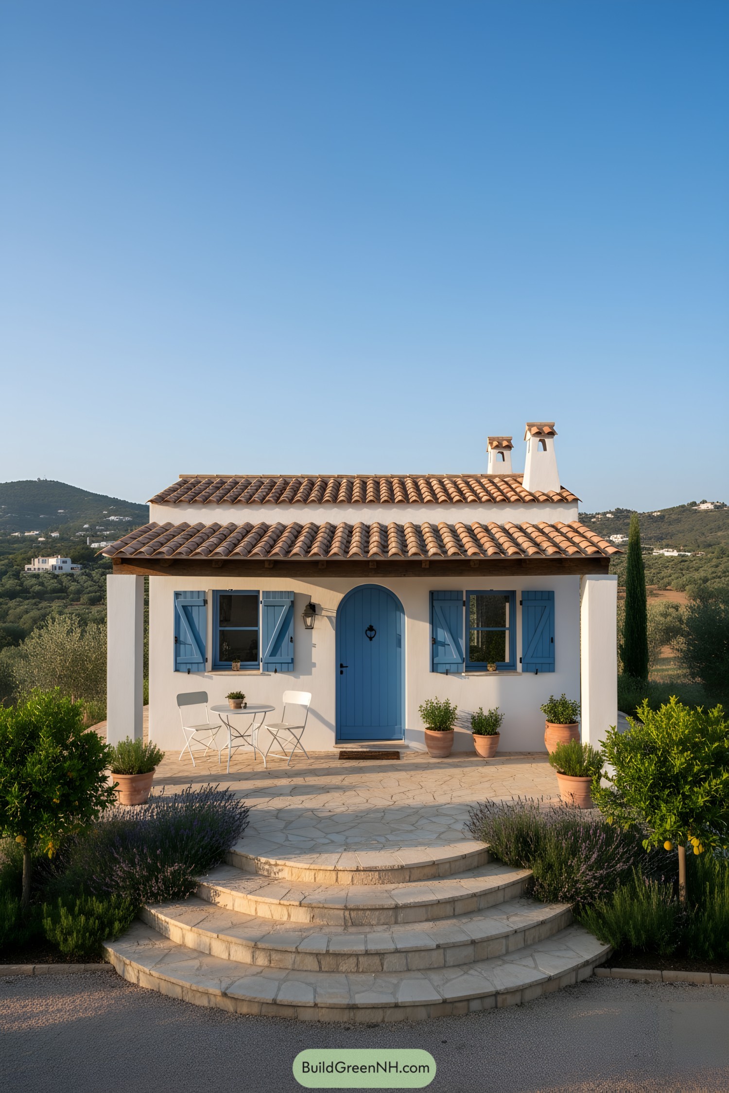 White stucco tiny house with blue arched door, blue shutters, terracotta roof, and stepped stone patio framed by potted greenery