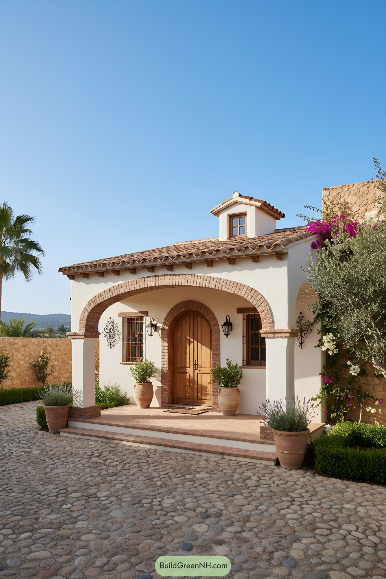 Small Mediterranean cottage with arched brick portico, terracotta roof tiles, and wooden door set in a cobblestone court
