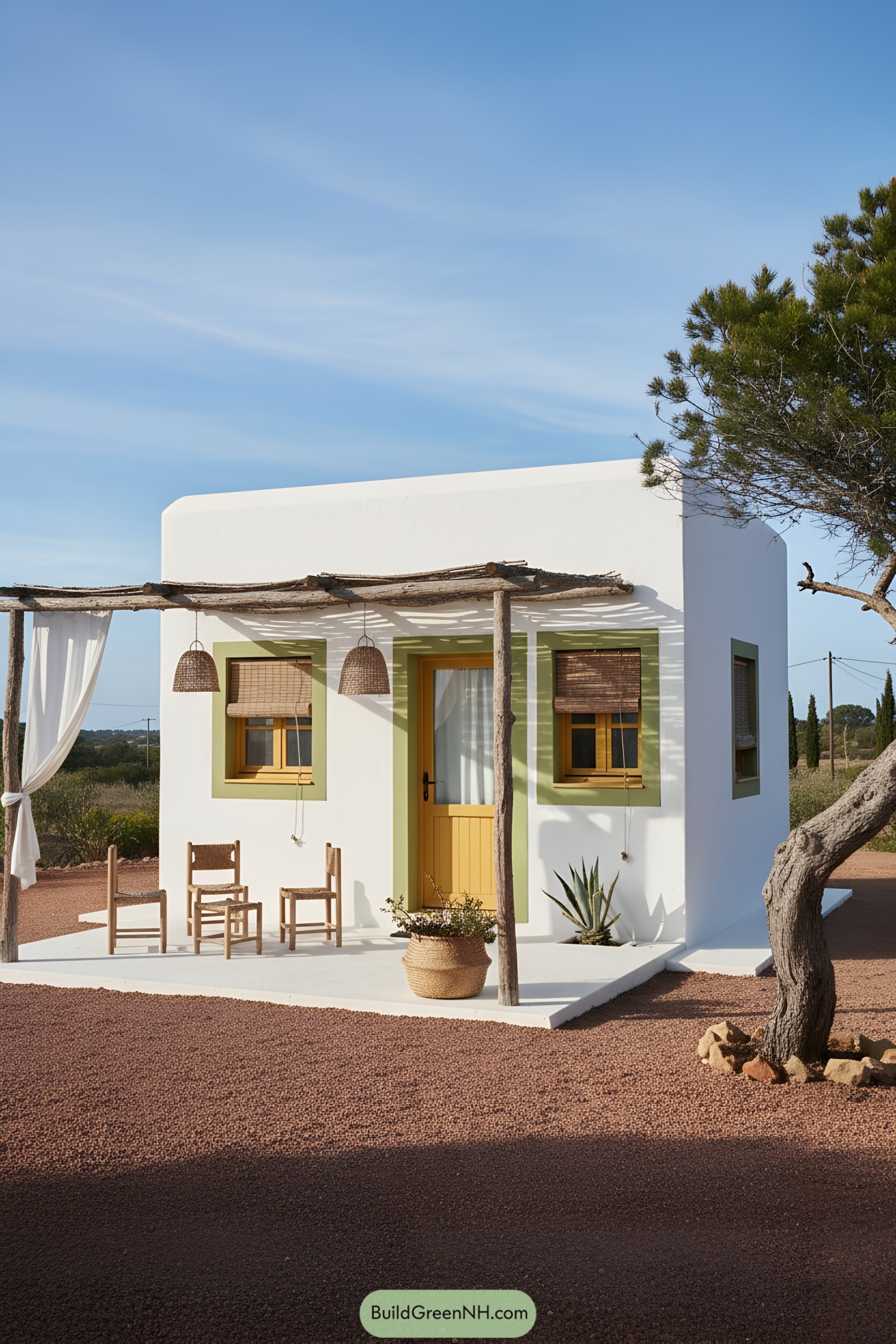 White cube tiny house with rustic pergola, yellow door, and green-trimmed windows on a red gravel lot