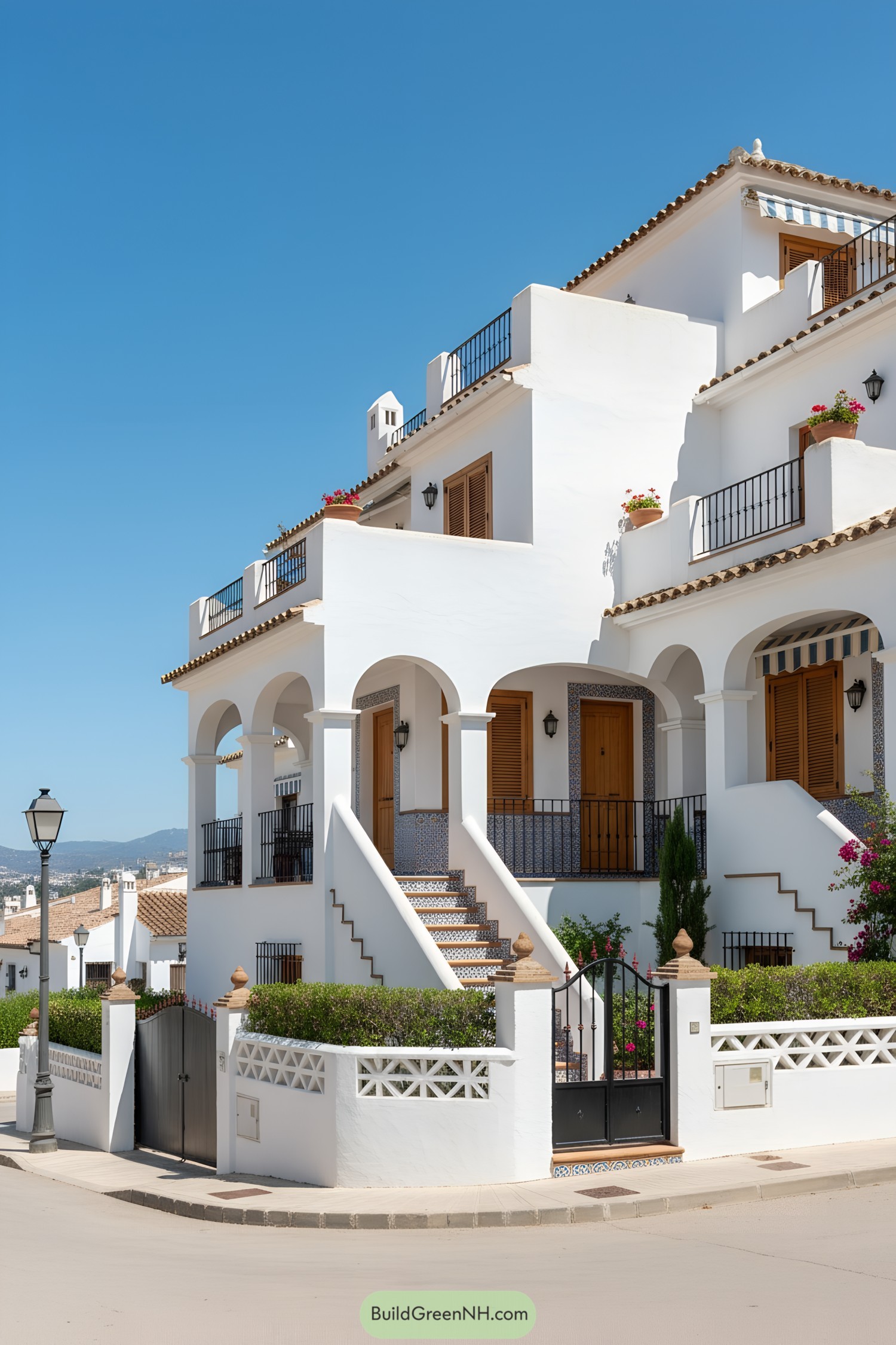 White stucco Mediterranean townhouse with arches, terraces, and terracotta details