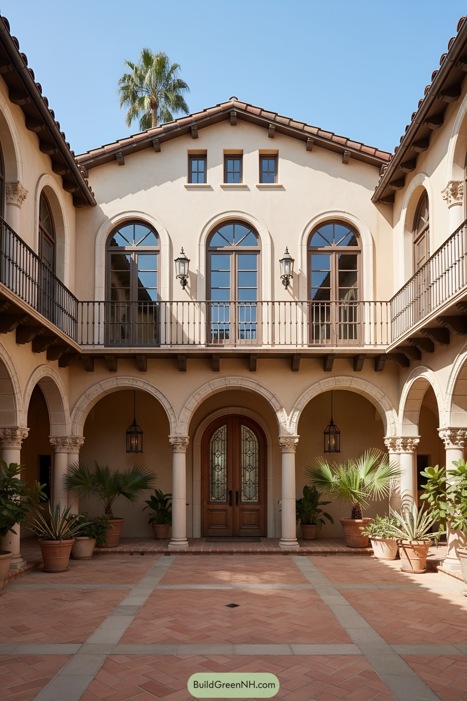 Mediterranean townhouse courtyard with arches, balconies, and terracotta paving