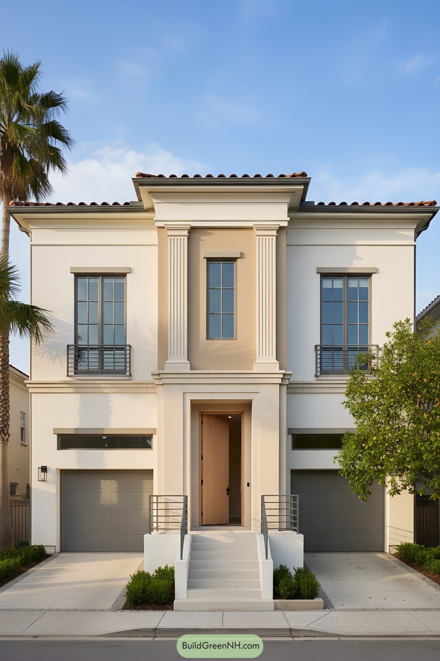 Mediterranean townhouse with fluted pilasters and twin garages