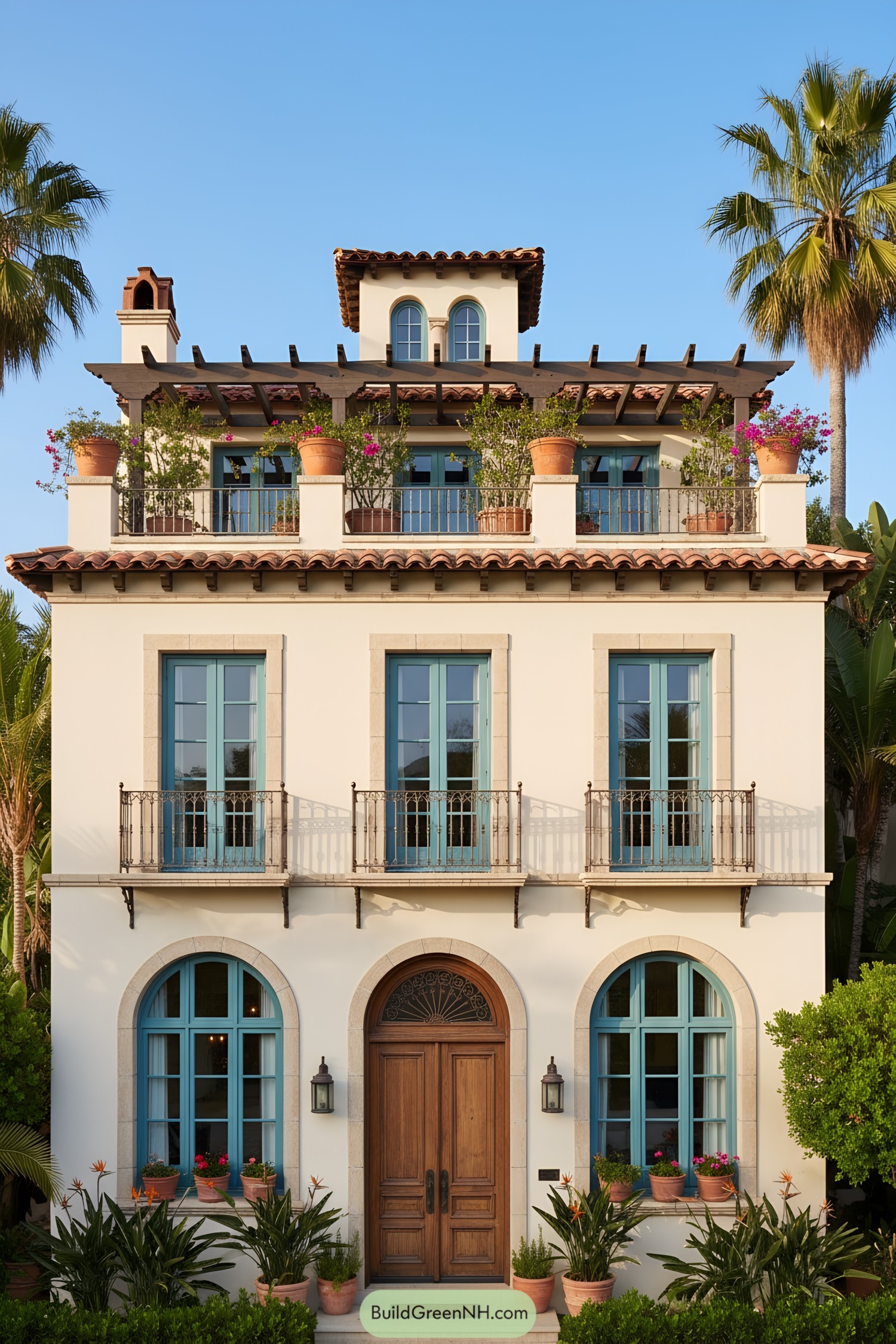 Mediterranean townhouse with blue windows, terracotta roof, and rooftop pergola