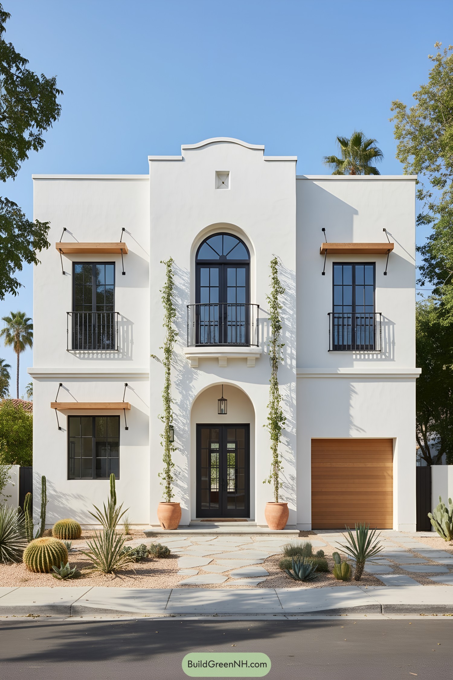 White stucco townhouse with arched entry, black steel windows, and xeriscape garden