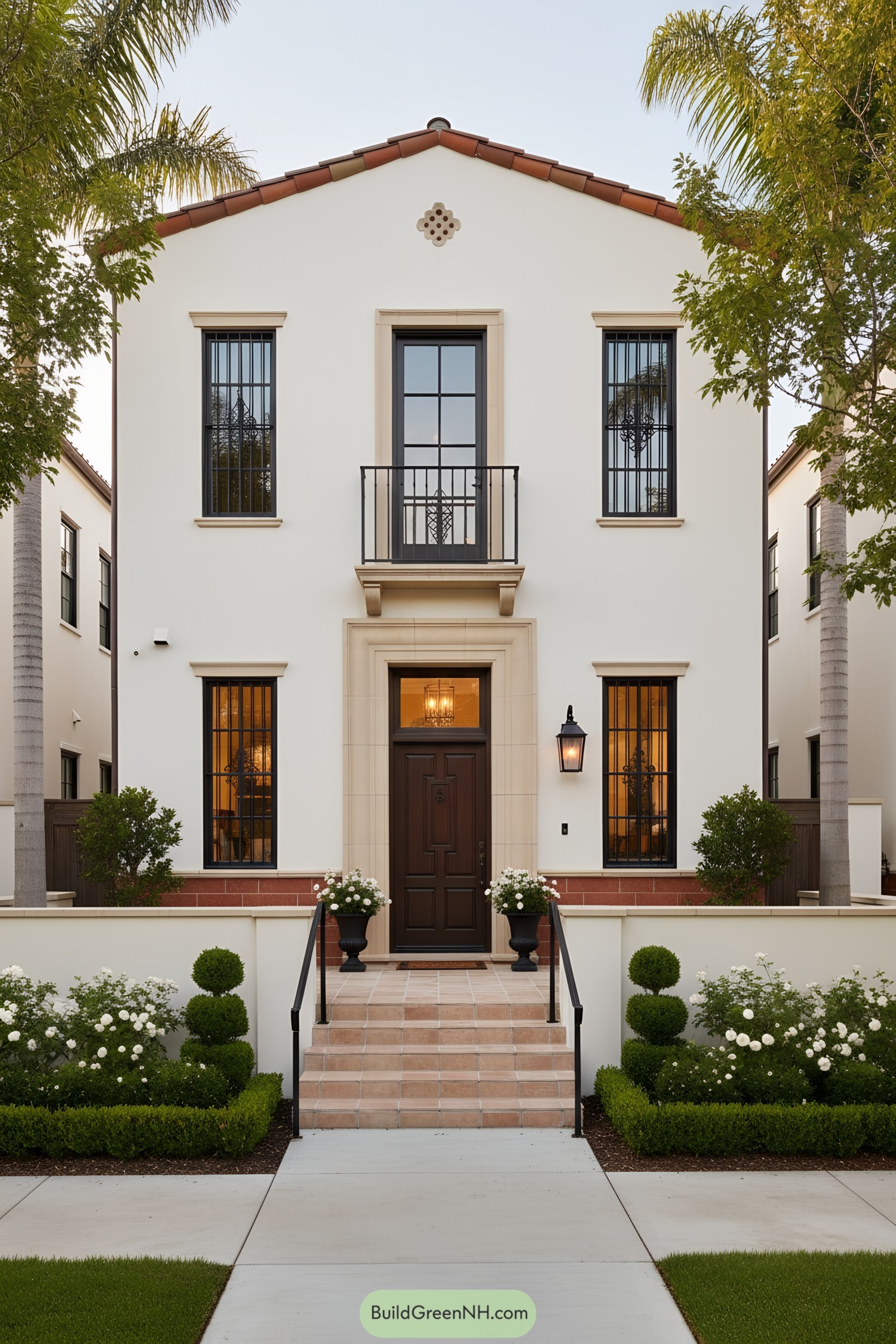 Front view of a white stucco Mediterranean townhouse with iron balconies and terracotta roof