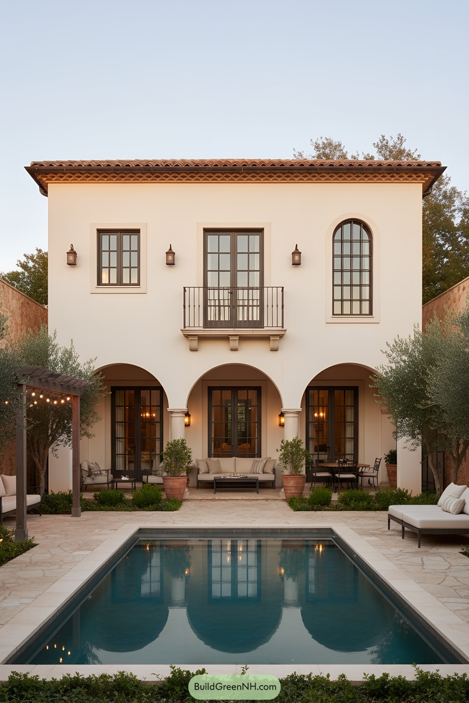 Mediterranean courtyard townhouse with arches and pool