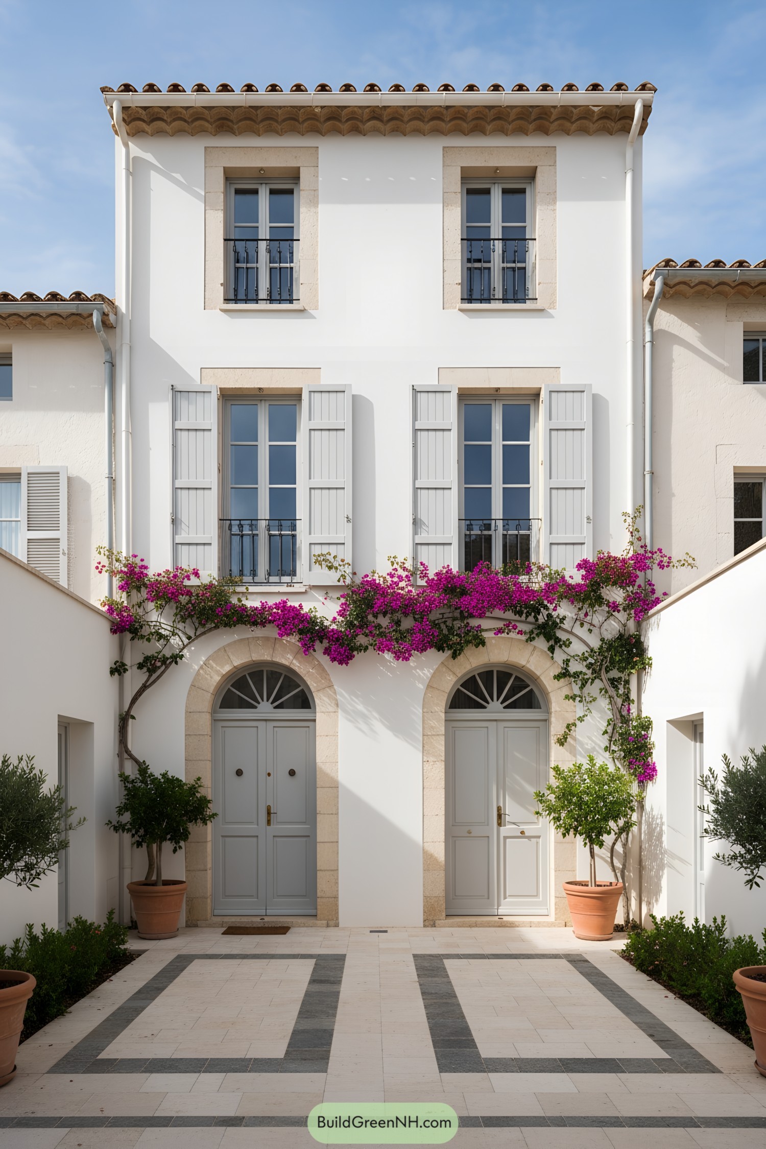 Whitewashed townhouse with gray shutters, arched doors, and bougainvillea