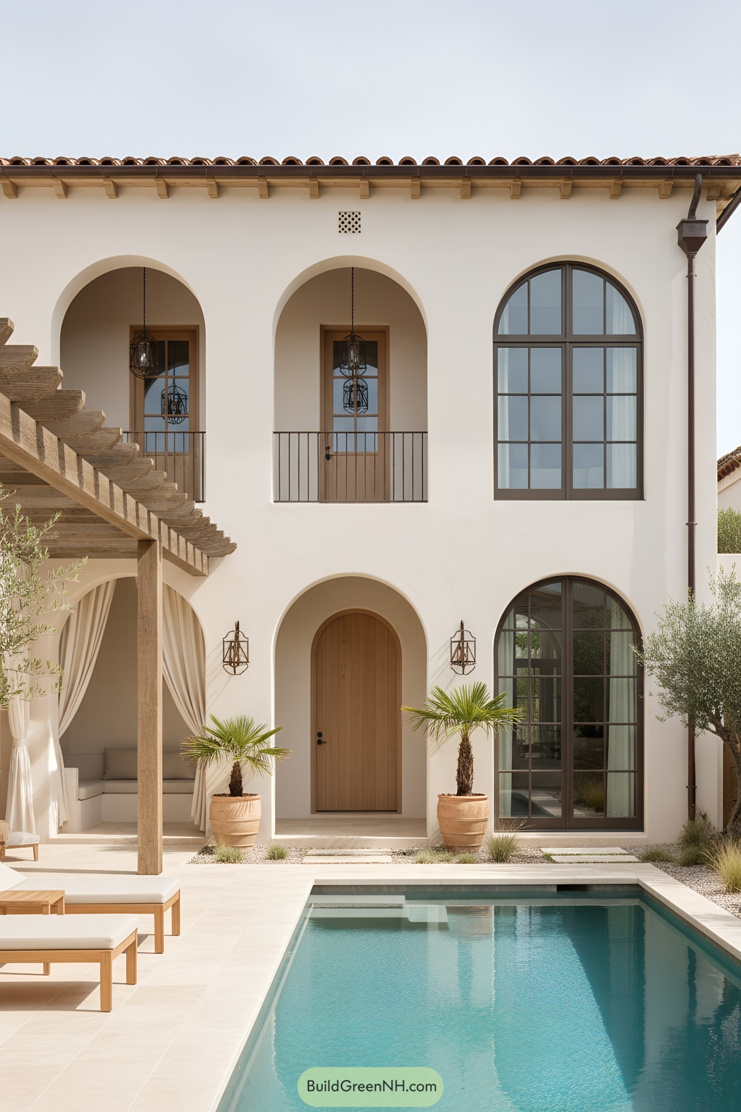 Mediterranean townhouse courtyard with arches and pool