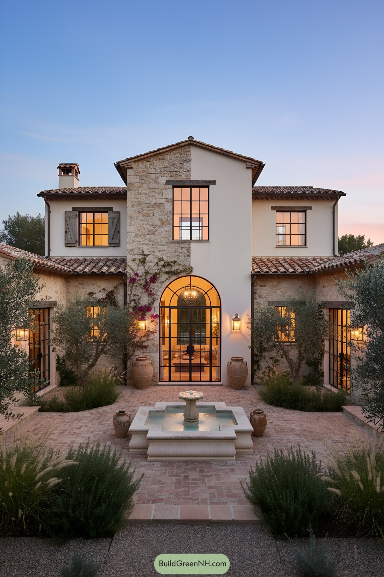 Mediterranean townhouse facade with arched steel doors, stone and stucco, central fountain courtyard at dusk