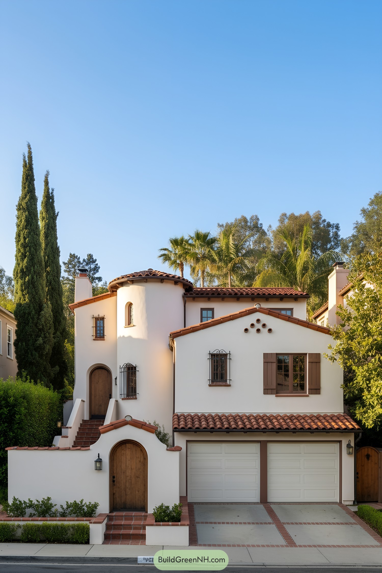 Mediterranean townhouse with white stucco and terracotta roof