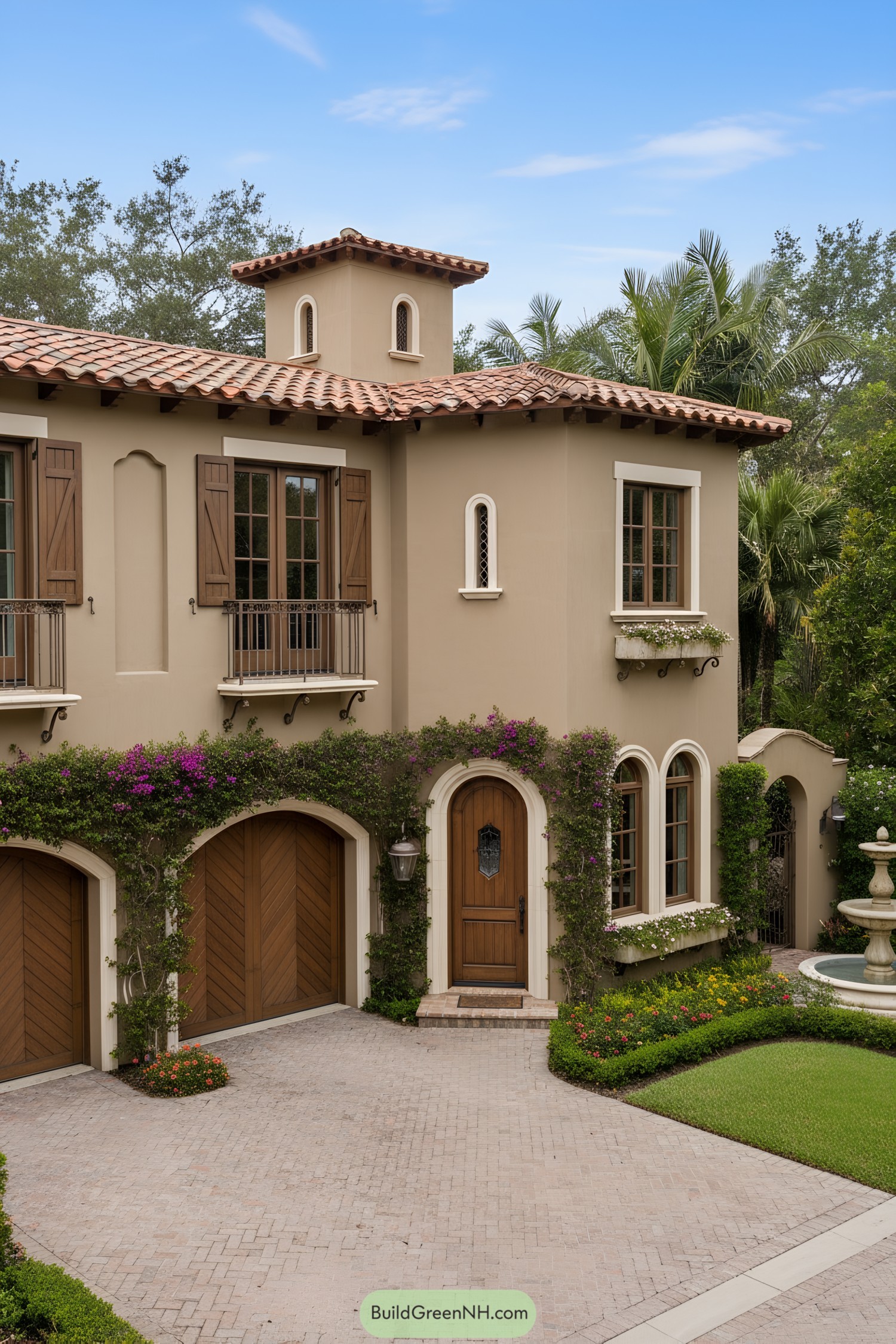 Mediterranean townhouse with terracotta roof, arched doors, wood shutters, and vine-covered facade
