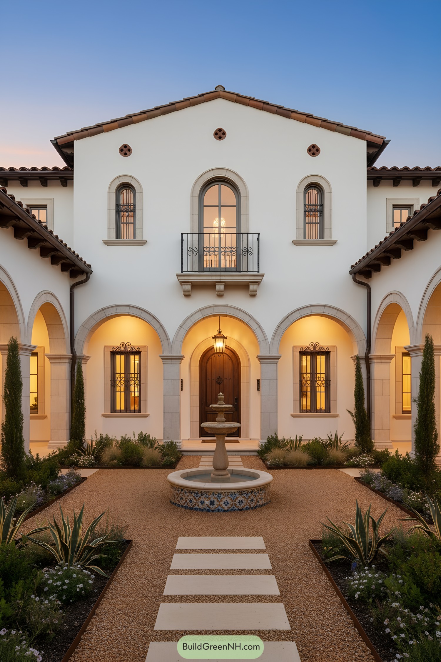Mediterranean townhouse courtyard with arches and fountain