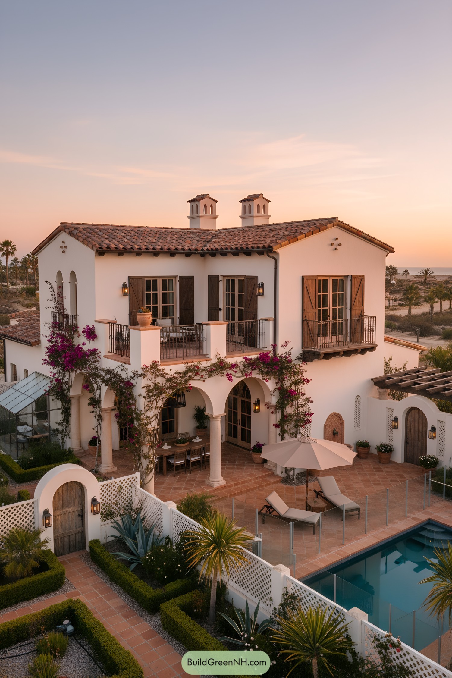 Mediterranean townhouse with arches, balconies, and pool