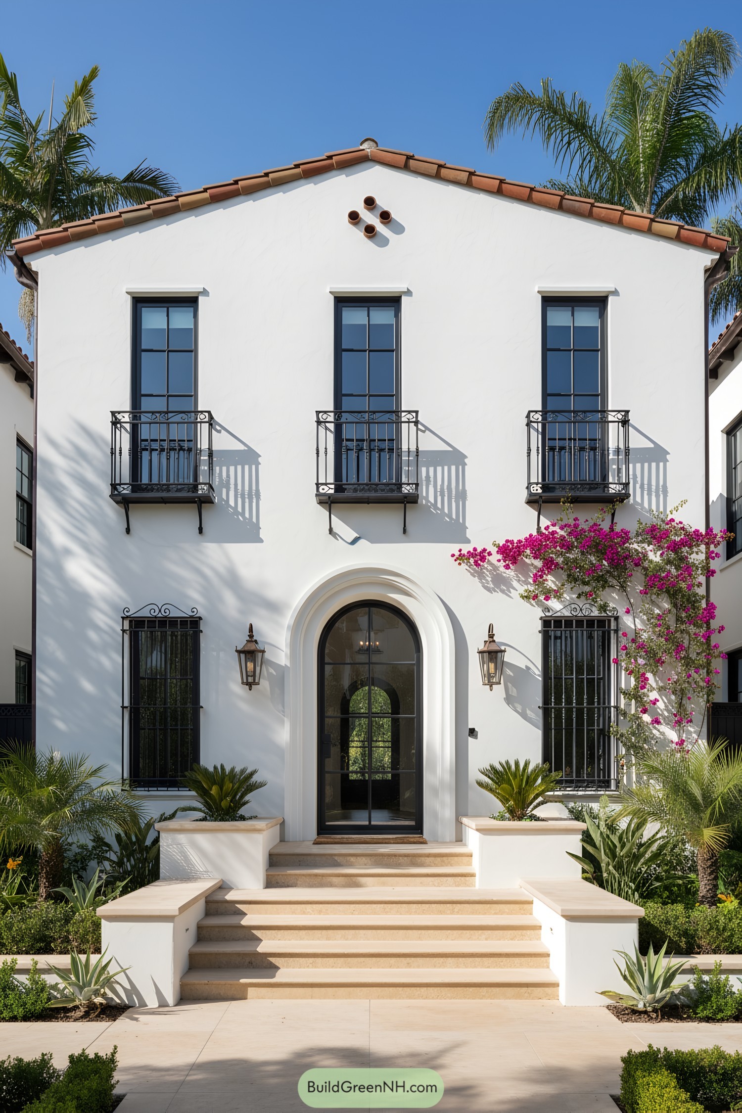 White stucco townhouse with arched entry, black steel windows, and bougainvillea