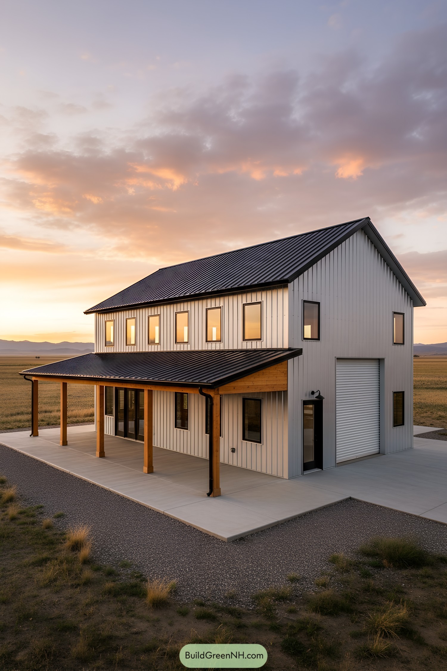 Two-story metal barndo with porch at sunset
