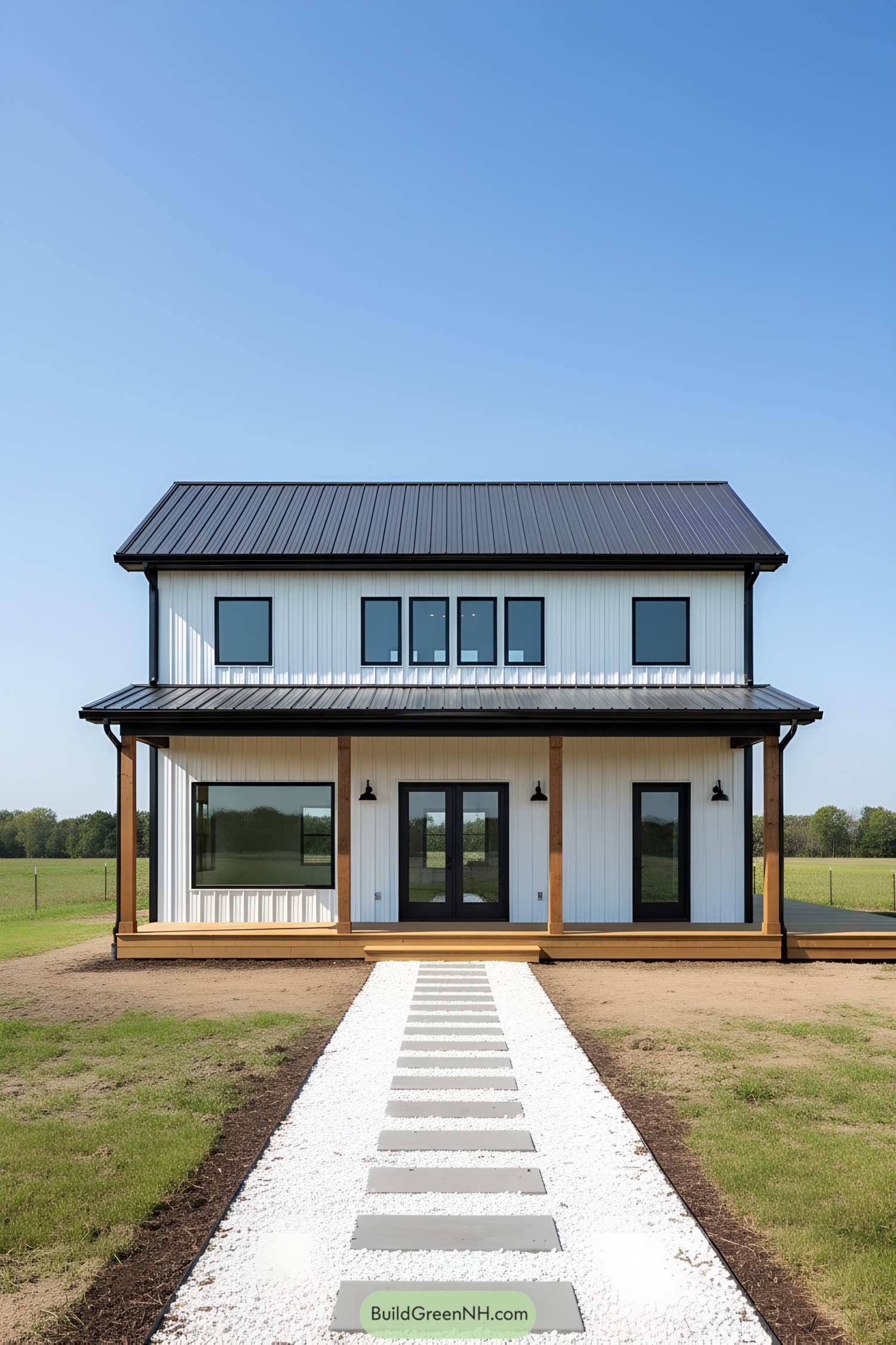 White metal barndominium with black roof and wraparound porch