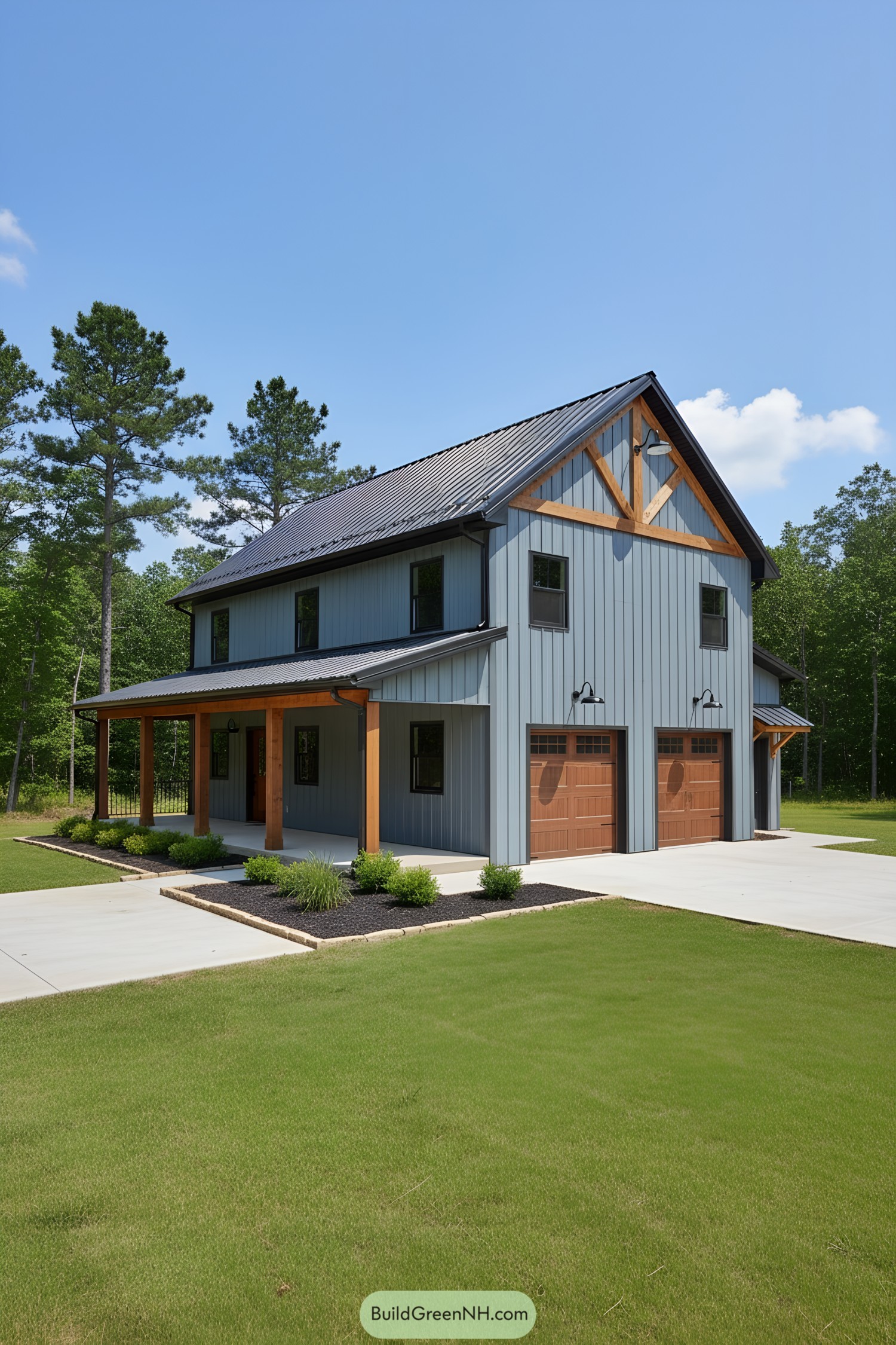 Two-story metal barn home with blue siding, timber accents, and twin wood-look garage doors
