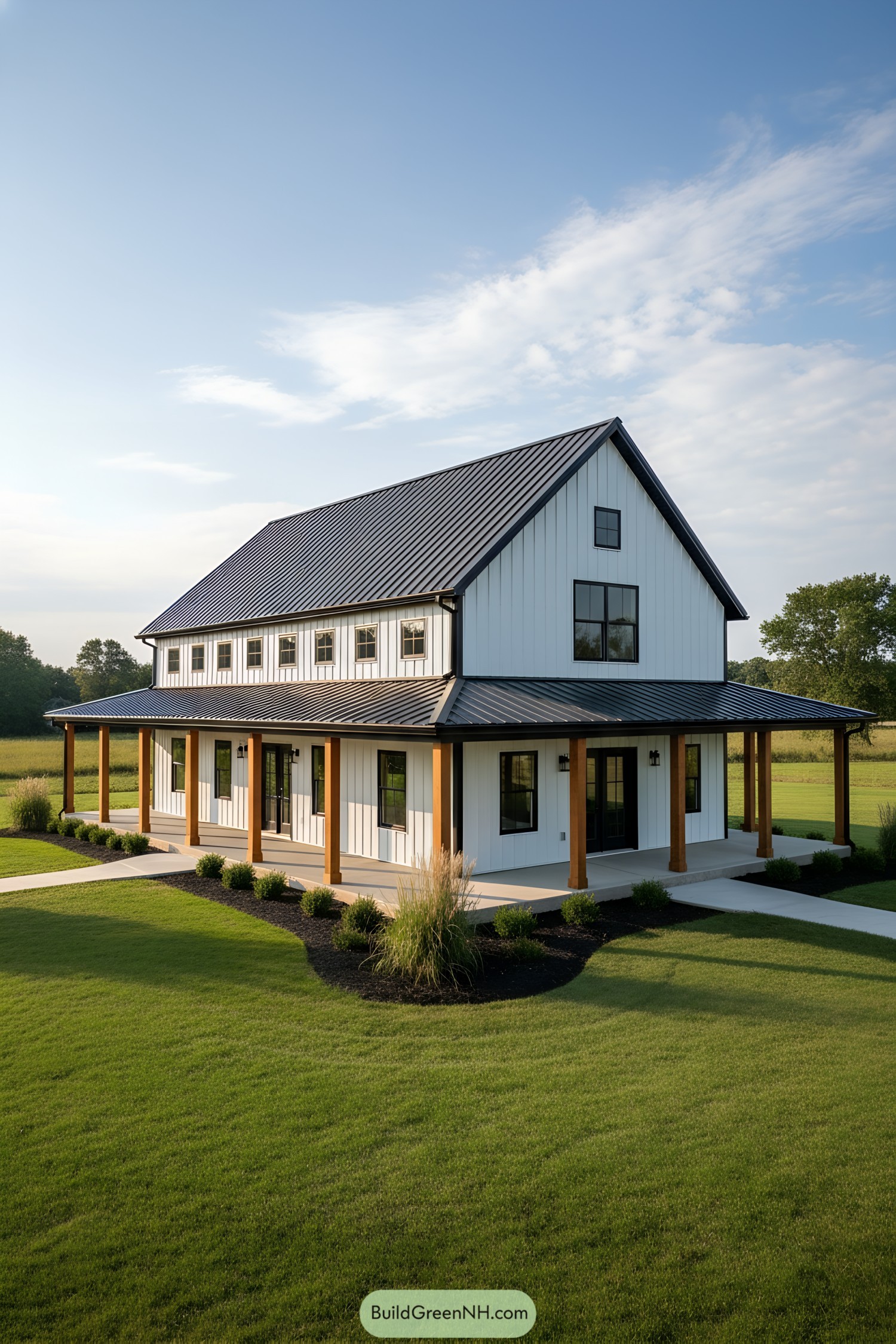 White board-and-batten barndo with wraparound porch and black metal roof