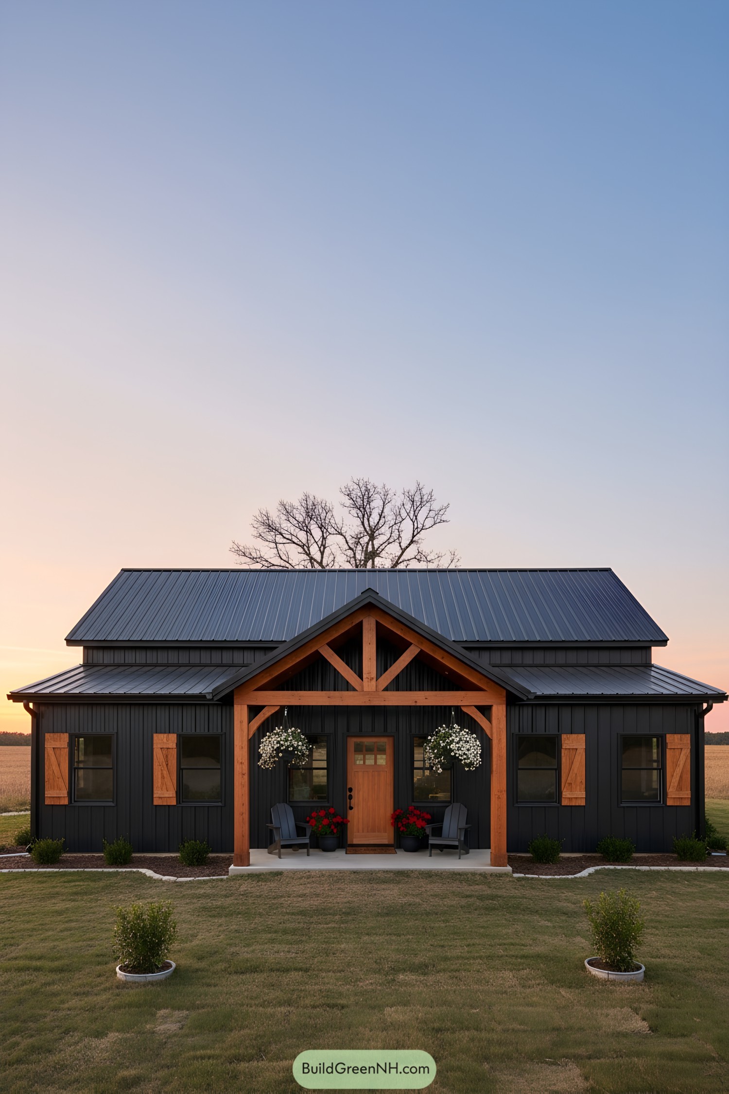 Dark metal barndo with timber gable porch
