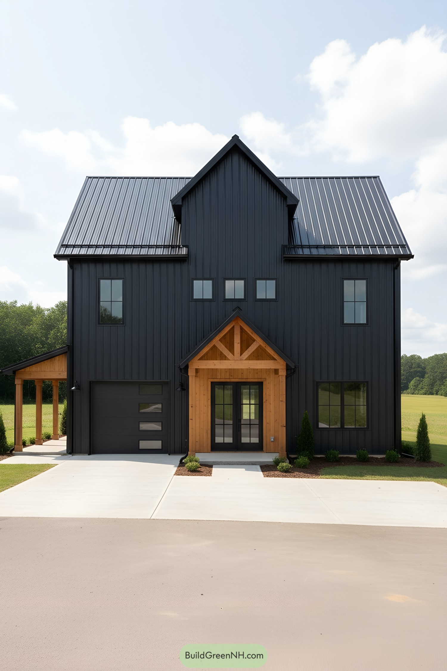 Black metal barndominium with warm wood entry