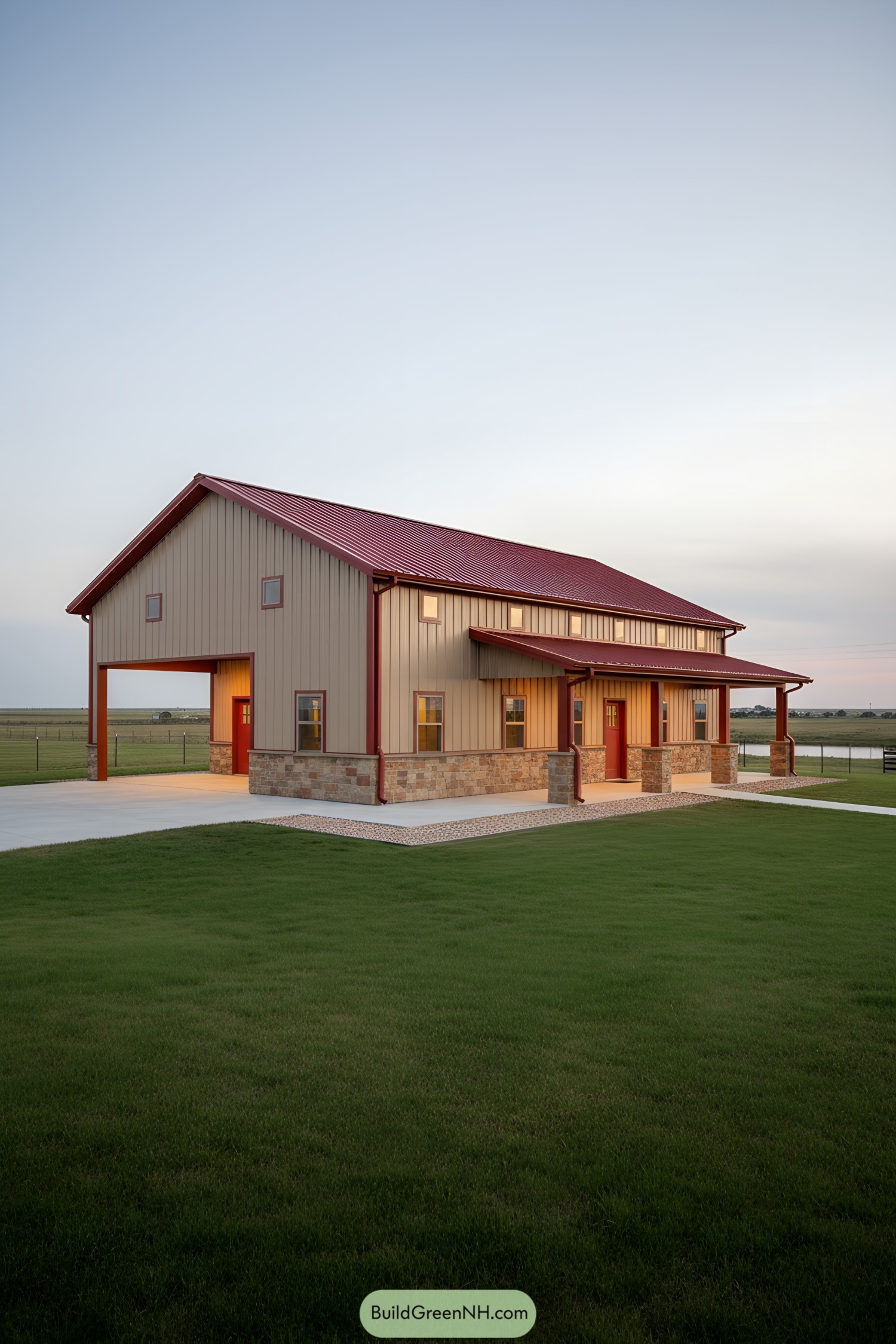 Metal barn home with red roof and stone base at sunset