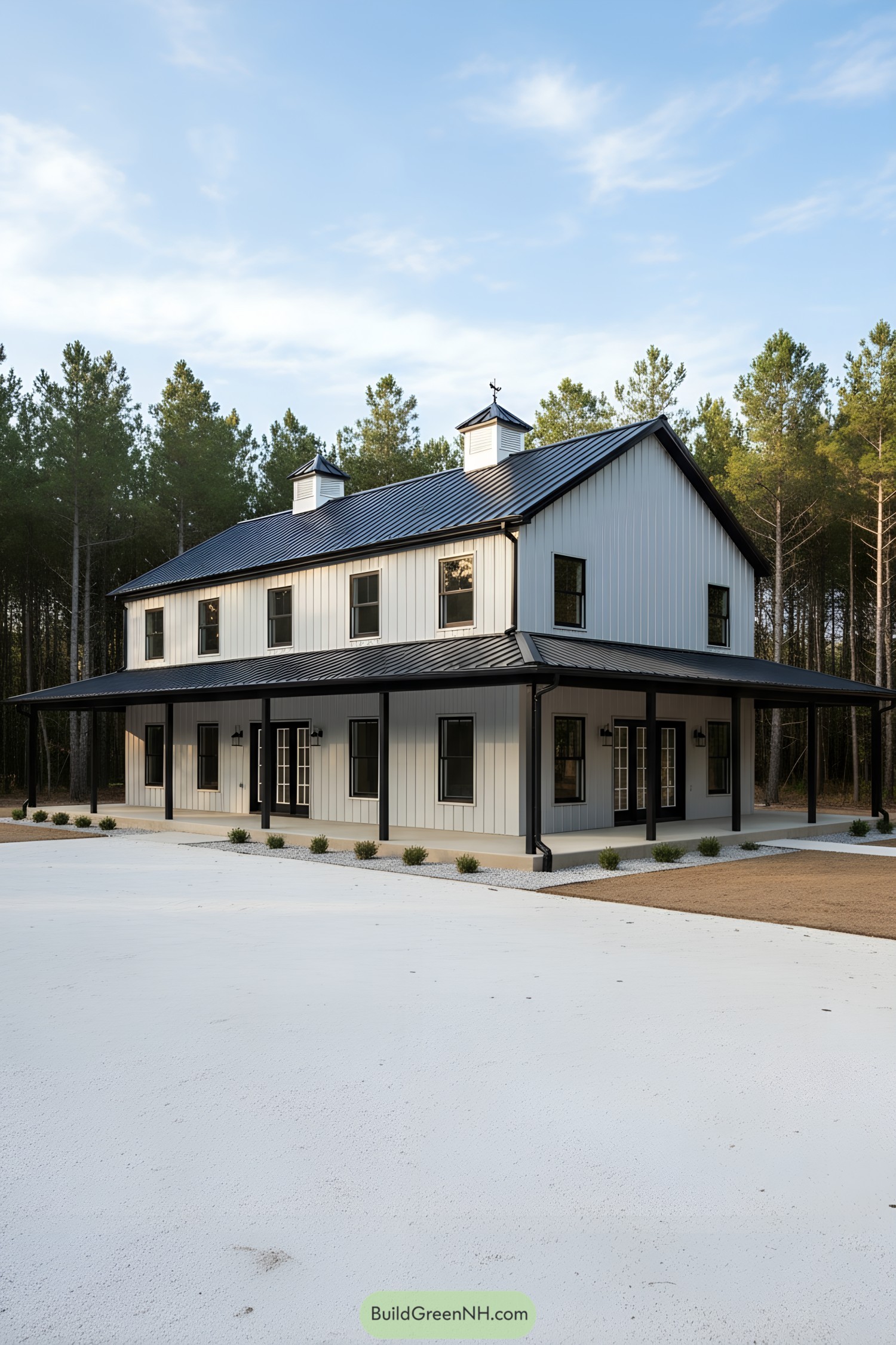 Two-story white metal barn house with black roof, cupolas, and full wraparound porch