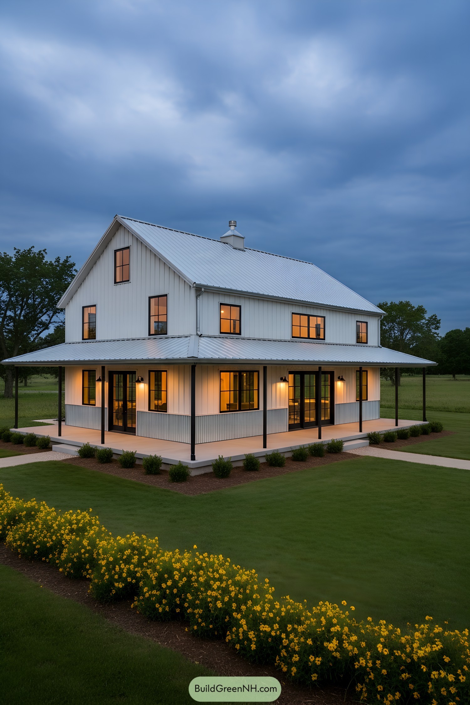 White metal barn home with wraparound porch at dusk