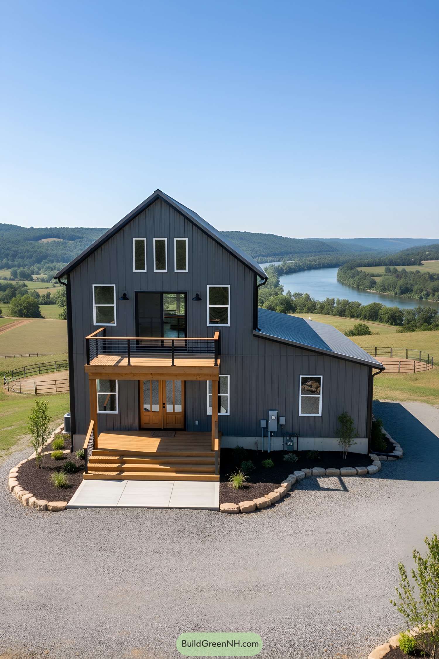 Dark metal barn house with wood porches
