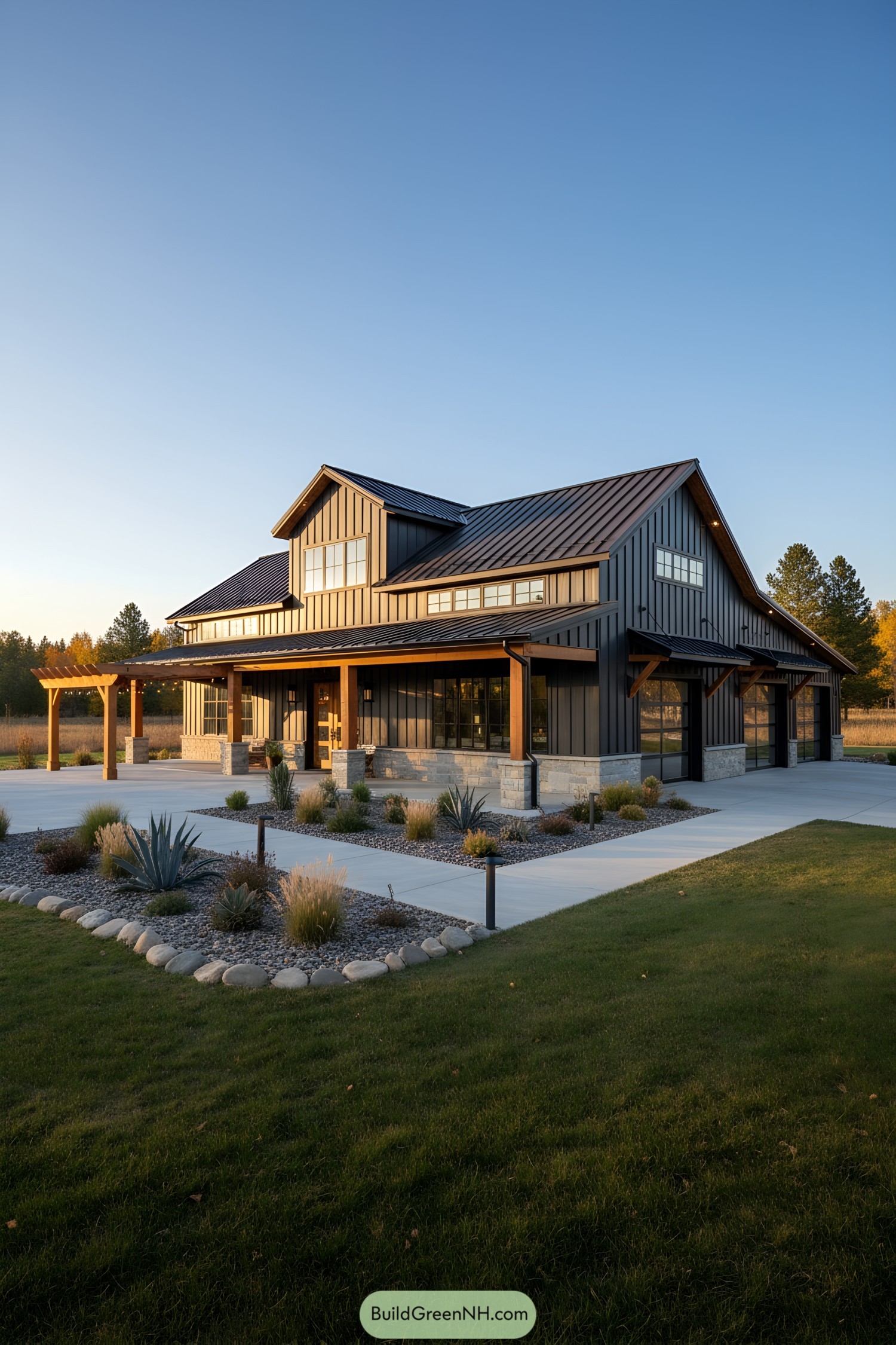 Dark metal barn home with timber posts, stone base, and wide wraparound porch at sunset