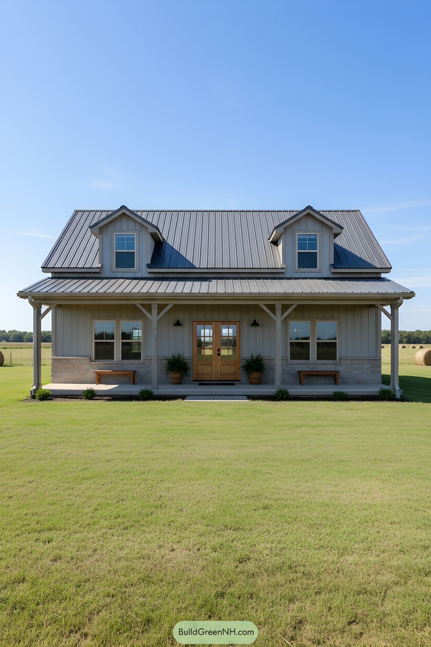 Metal barn home with twin dormers and deep porch