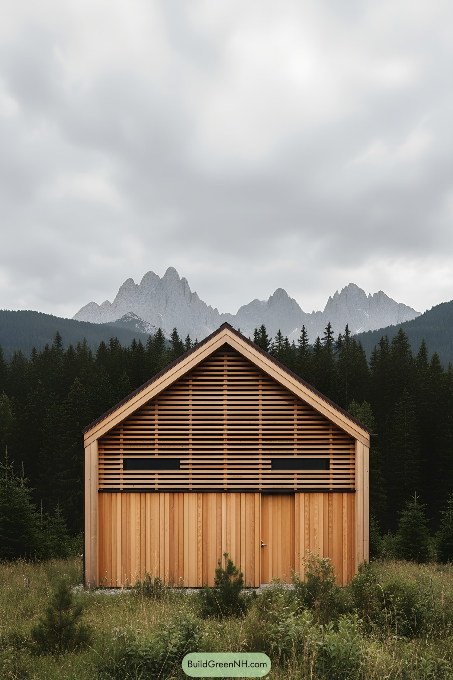 Gabled wooden cabin with vertical boards below and a horizontal slatted screen above, set in a meadow before dark pines and pale mountains