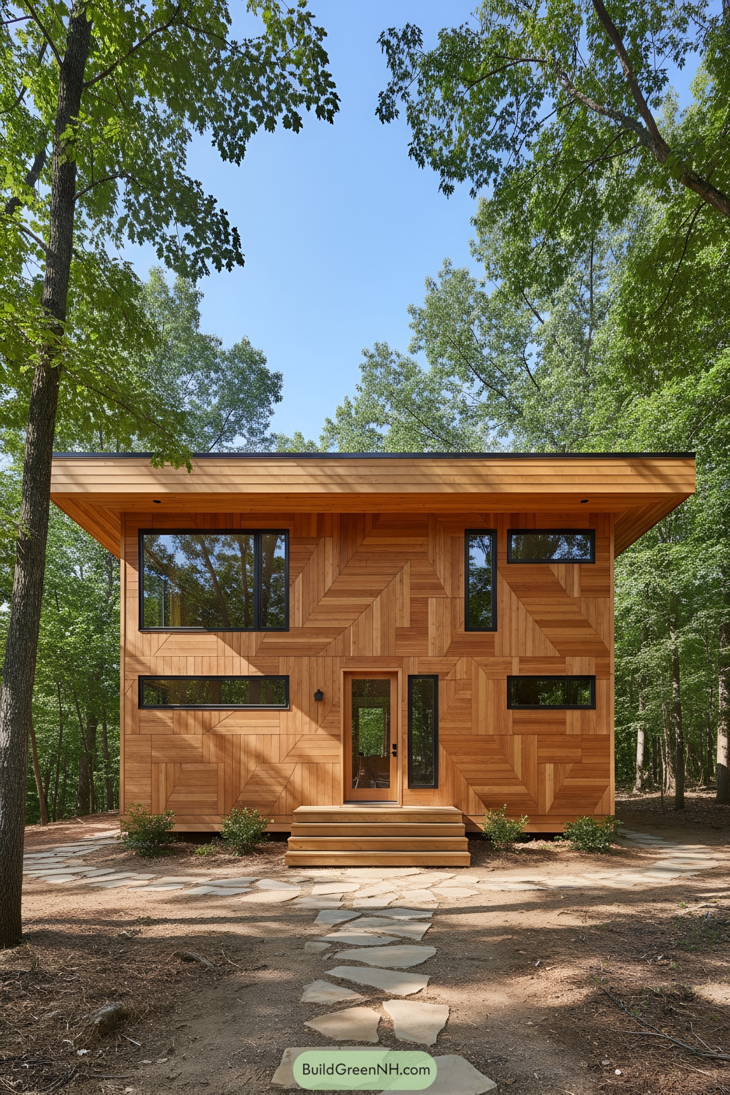 Flat-roof timber cabin with parquet cladding and asymmetric black-framed windows