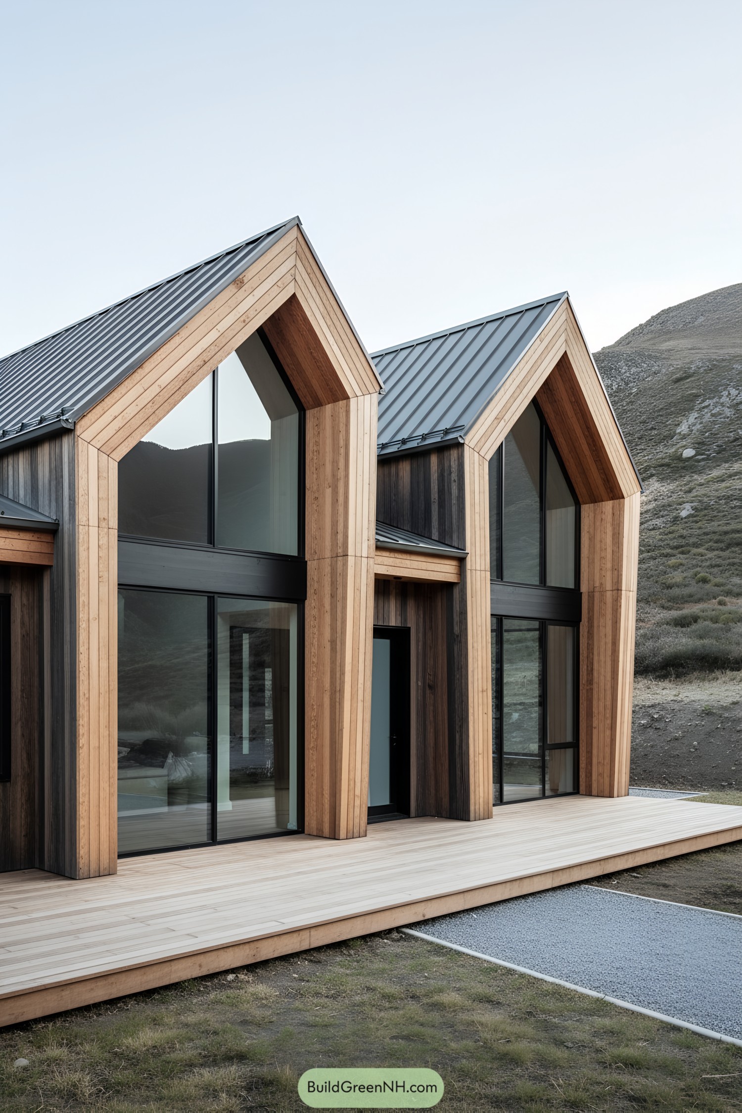 Twin-gabled modern cabin with layered timber frames, dark cladding, metal roof, and tall glazing
