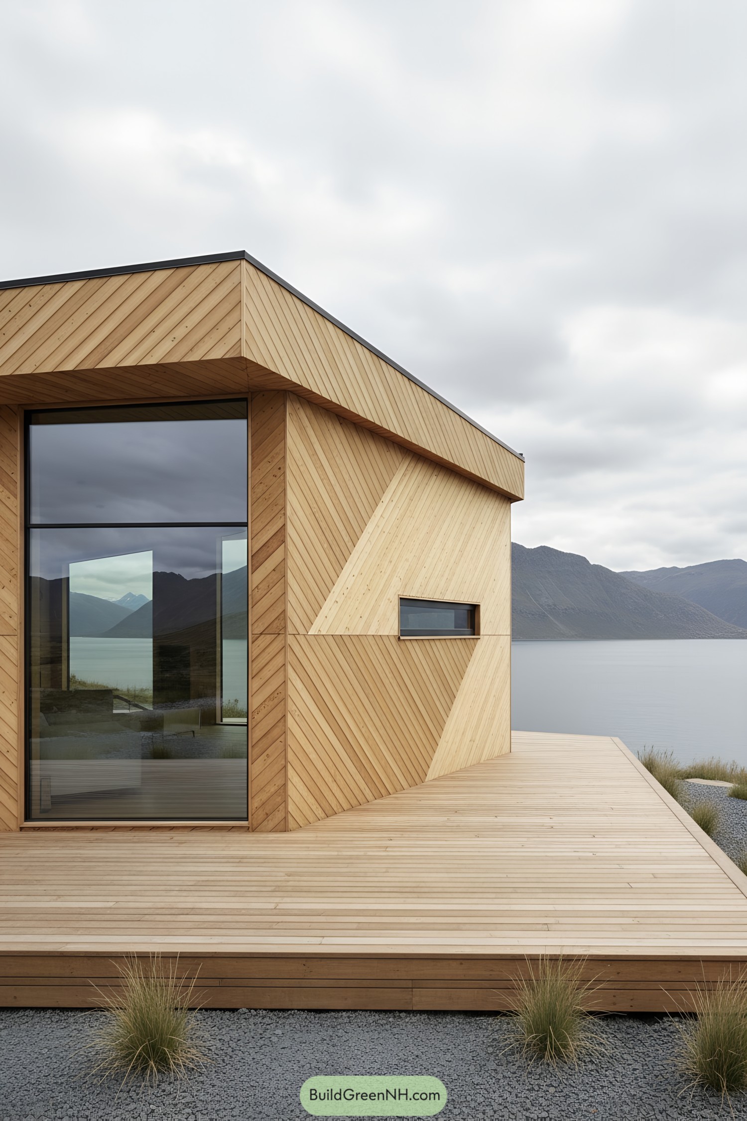 Modern wood-clad cabin with diagonal timber patterns, large glazing, and wraparound deck by a lake